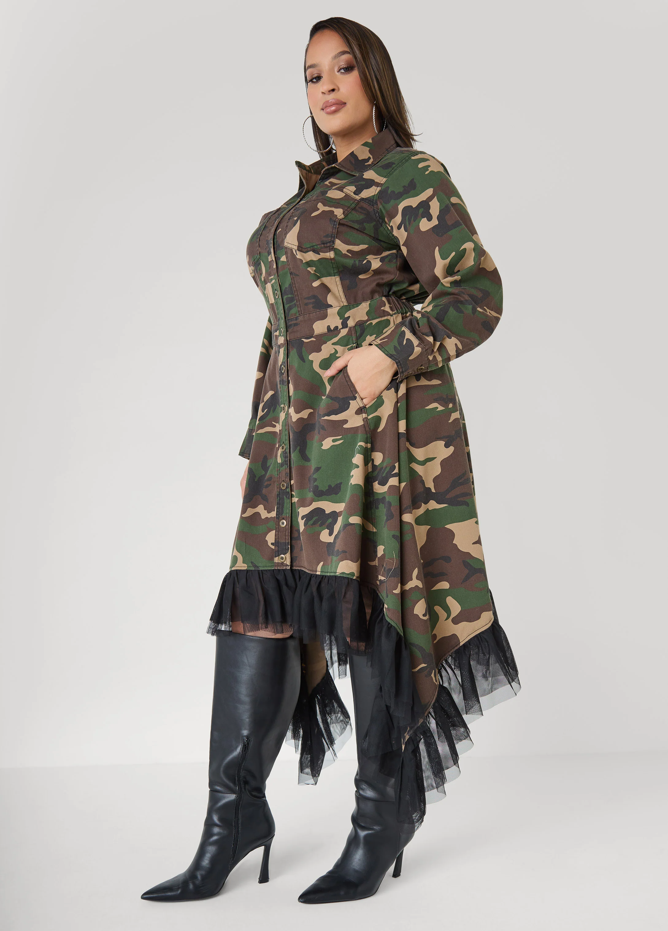 Tulle Trimmed Camo Midi Dress - Image 3