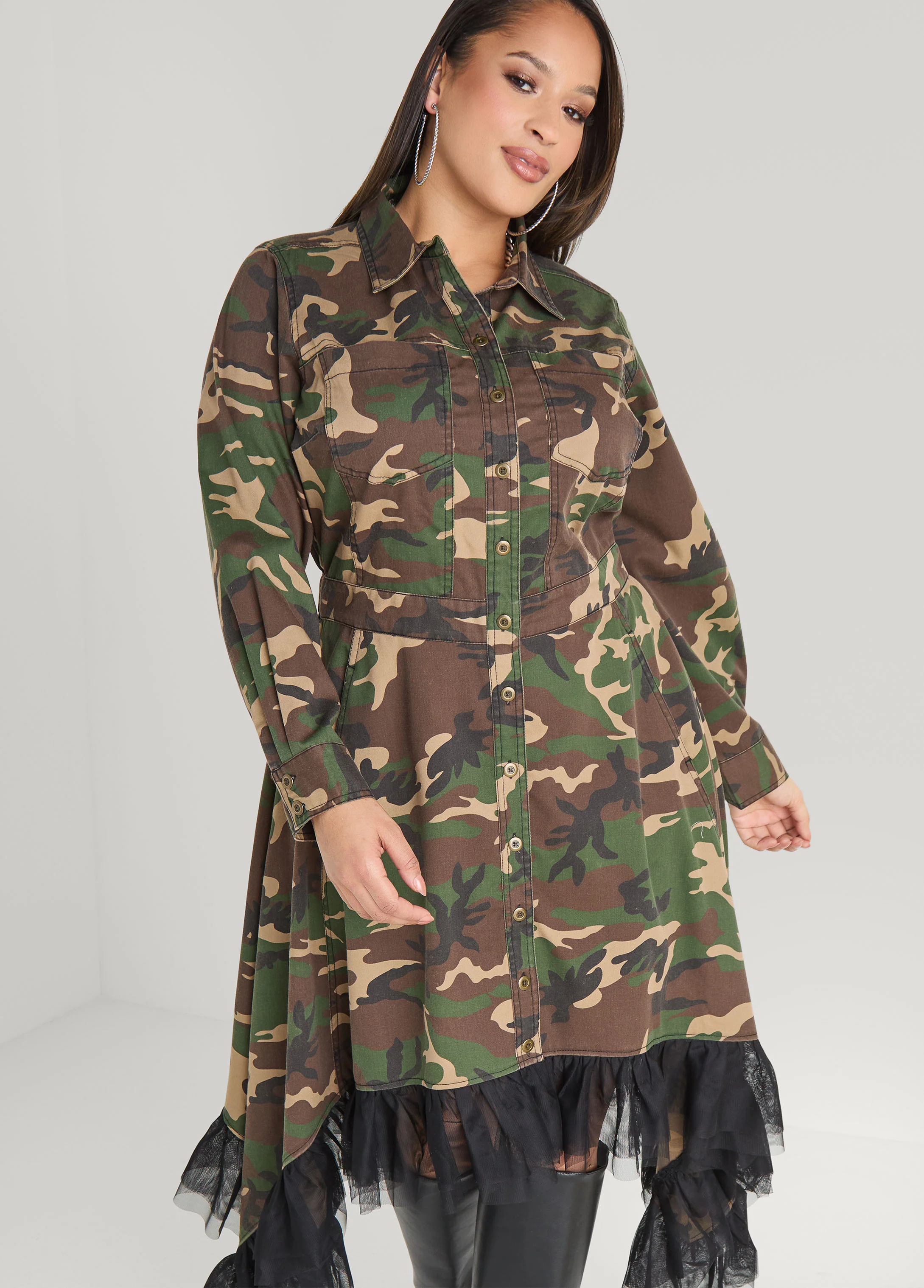Tulle Trimmed Camo Midi Dress - Image 5