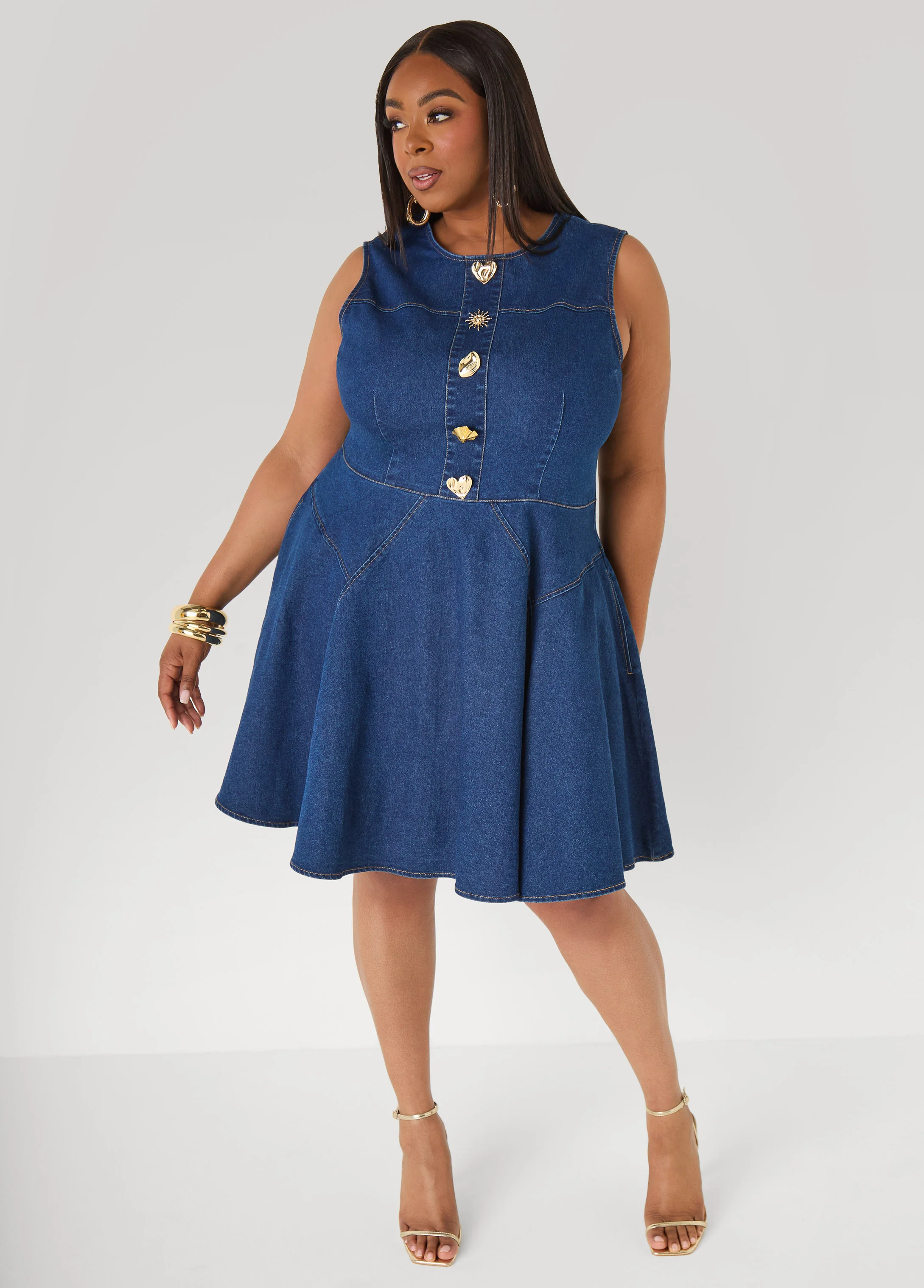 Button Embellished Denim Dress - Image 11