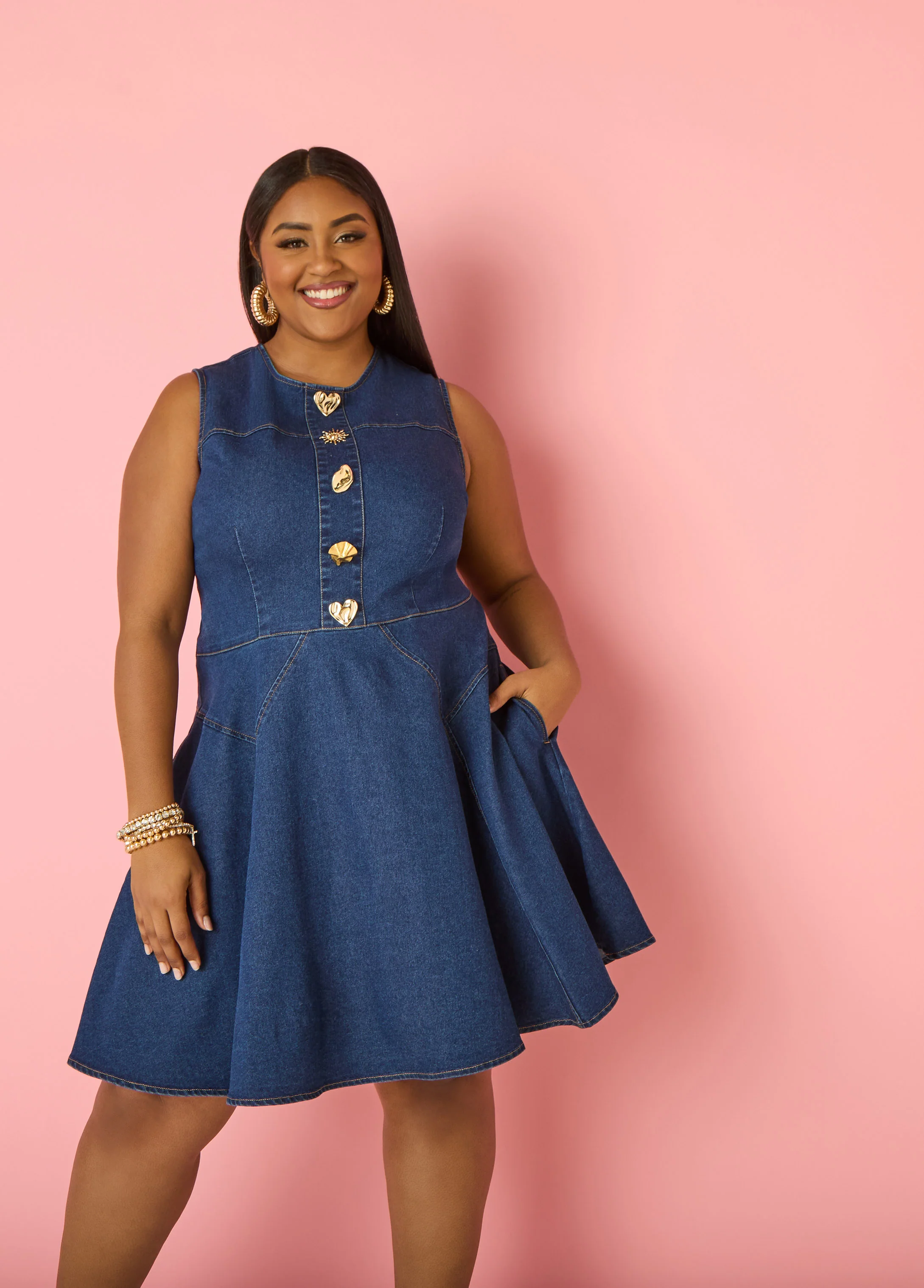 Button Embellished Denim Dress - Image 3