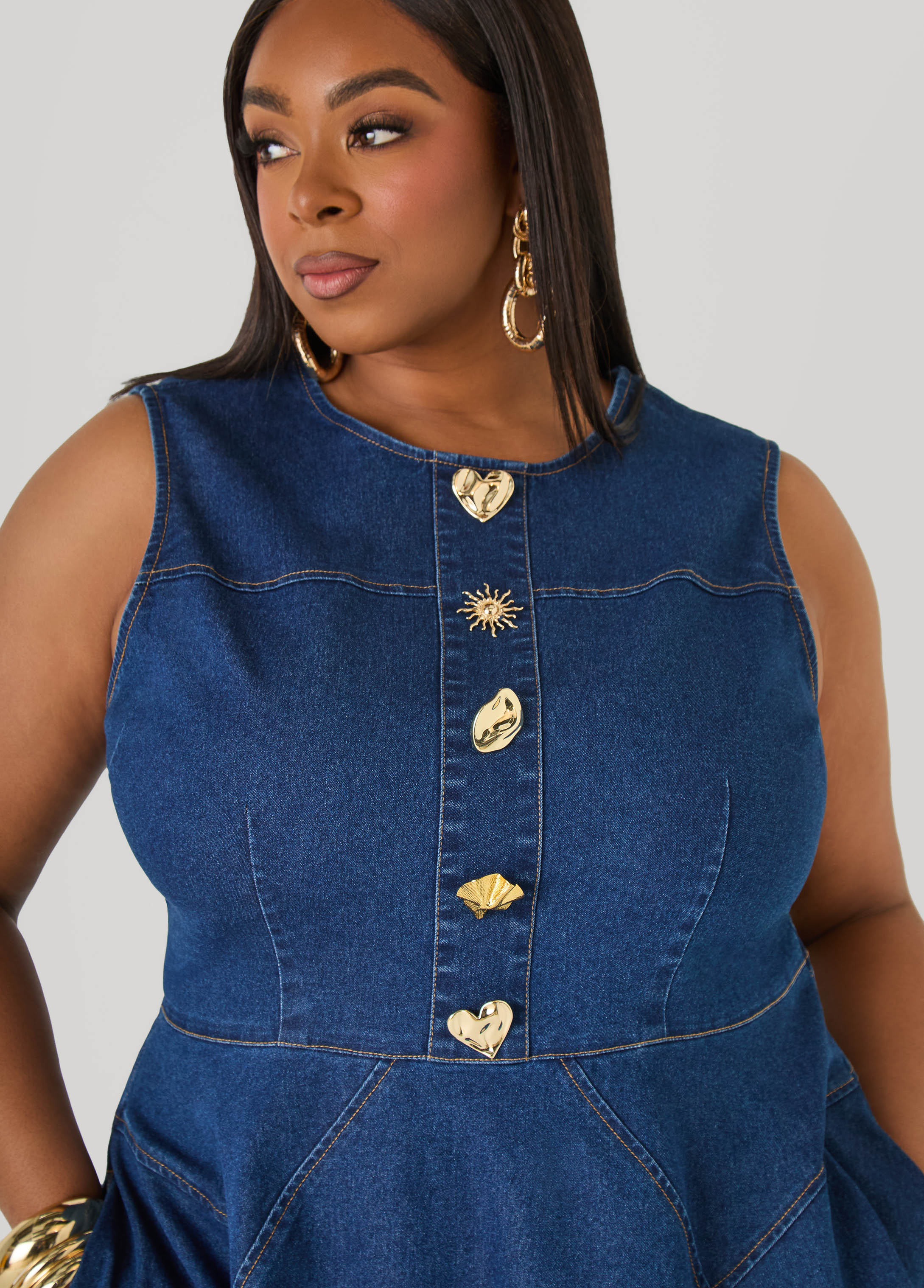 Button Embellished Denim Dress - Image 7