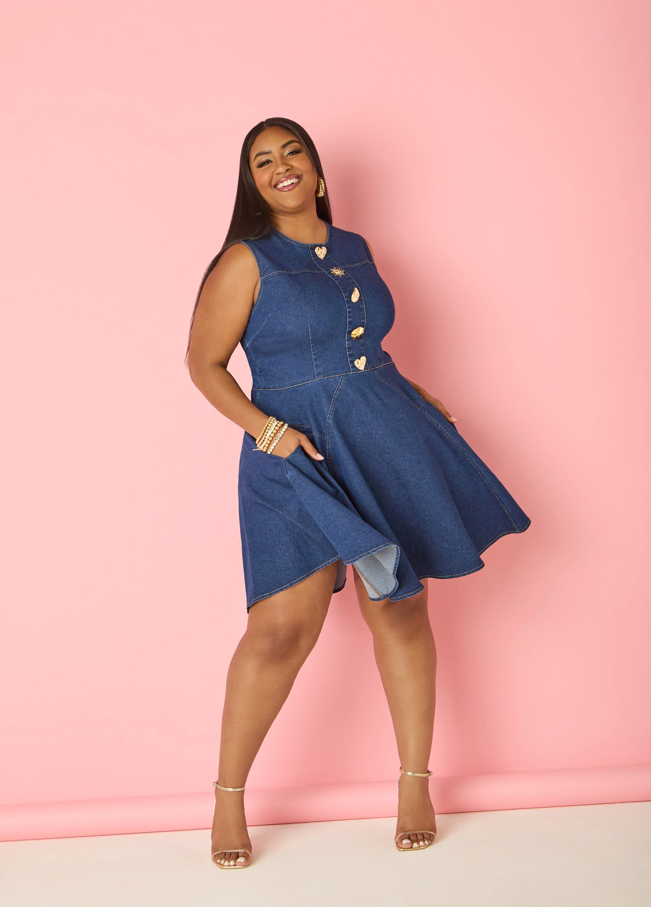 Button Embellished Denim Dress - Image 8