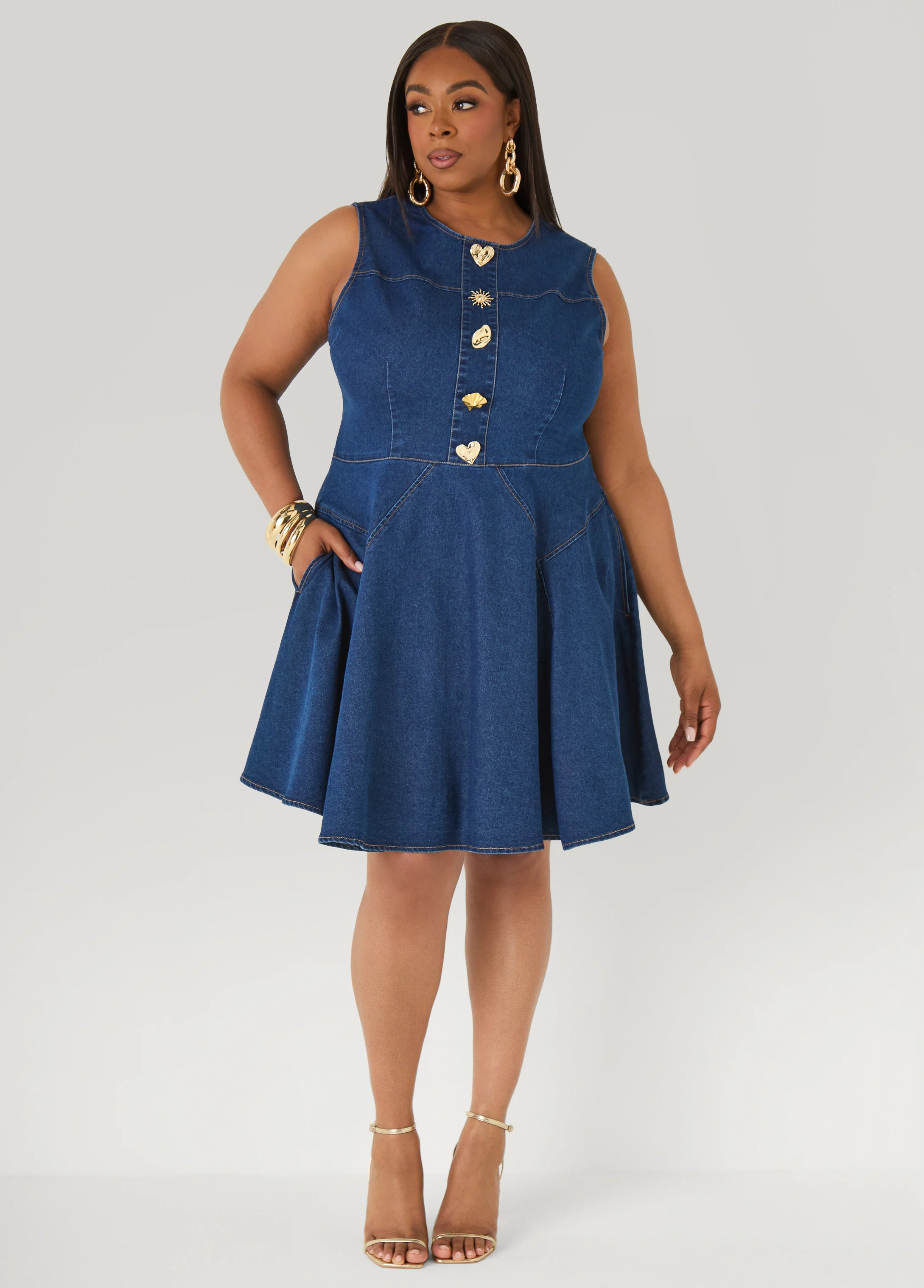 Button Embellished Denim Dress - Image 9