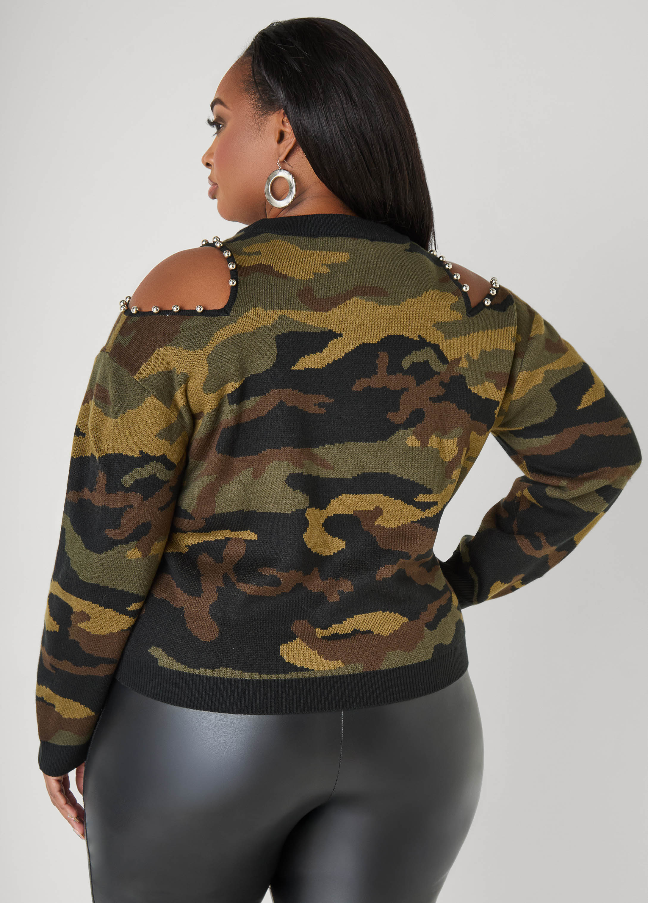 Studded Cold Shoulder Camo Sweater - Image 2