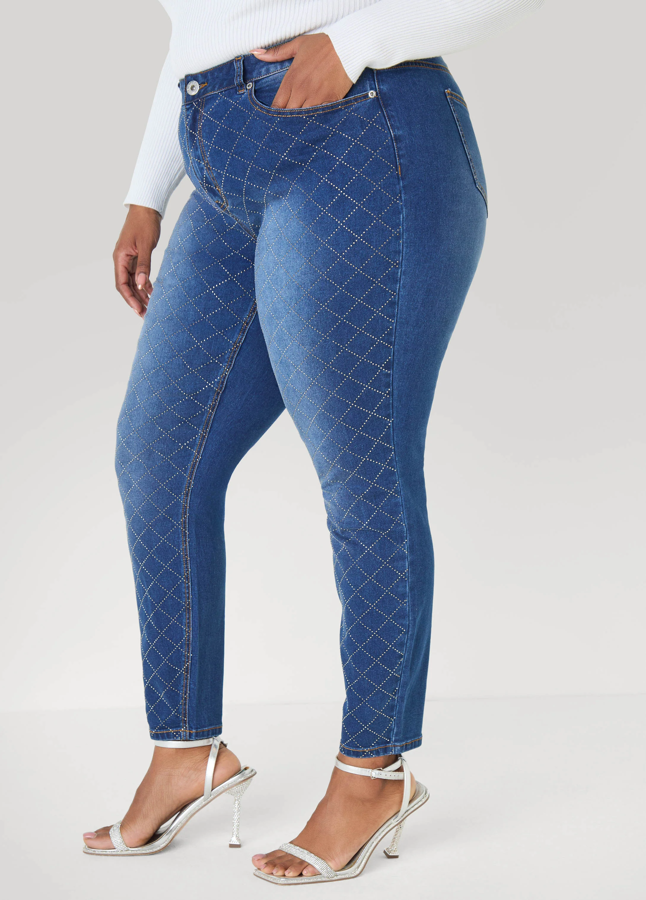 Studded Checked Skinny Jeans - Image 3