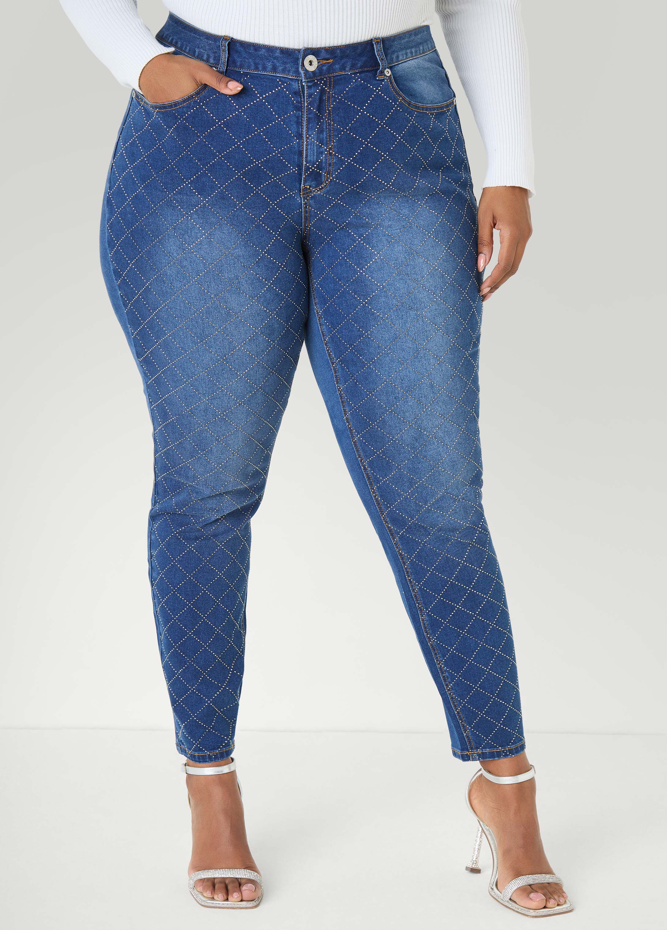 Studded Checked Skinny Jeans - Image 4