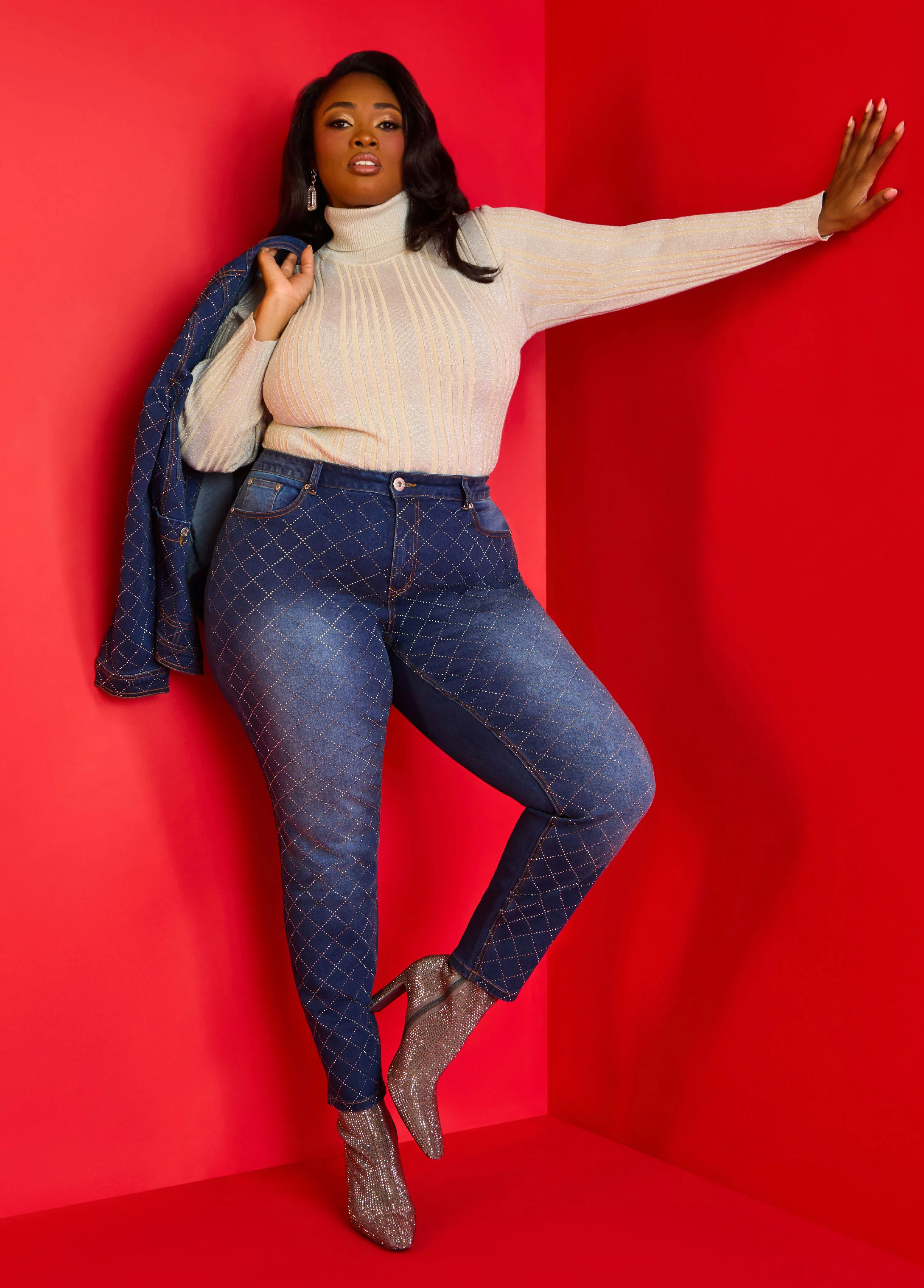 Studded Checked Skinny Jeans - Image 6