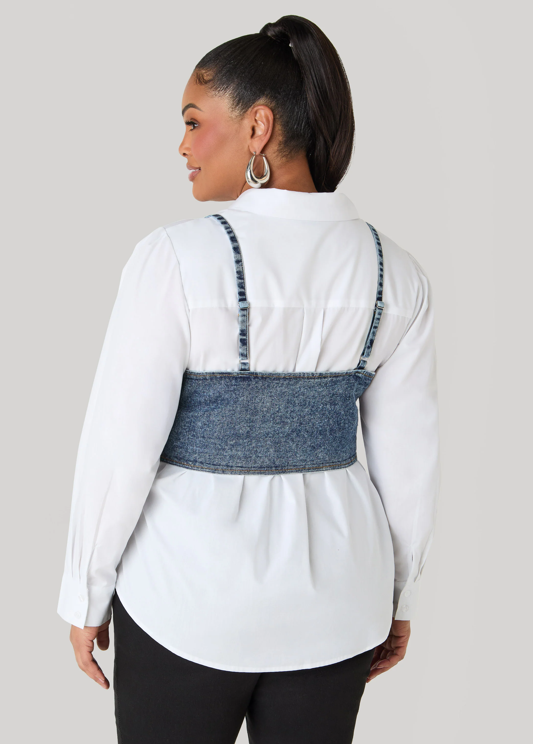 Layered Denim Bralette Shirt - Image 2