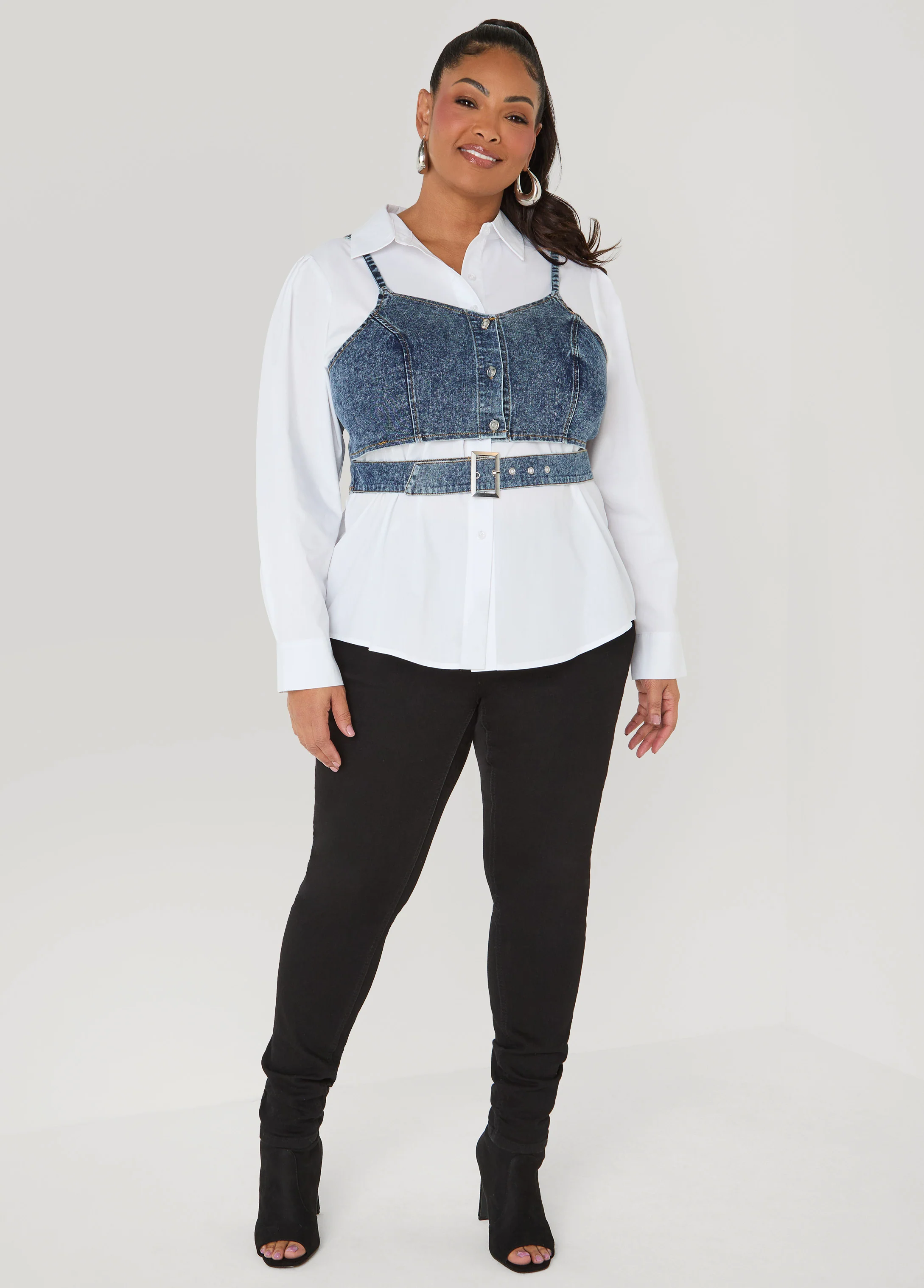 Layered Denim Bralette Shirt - Image 3