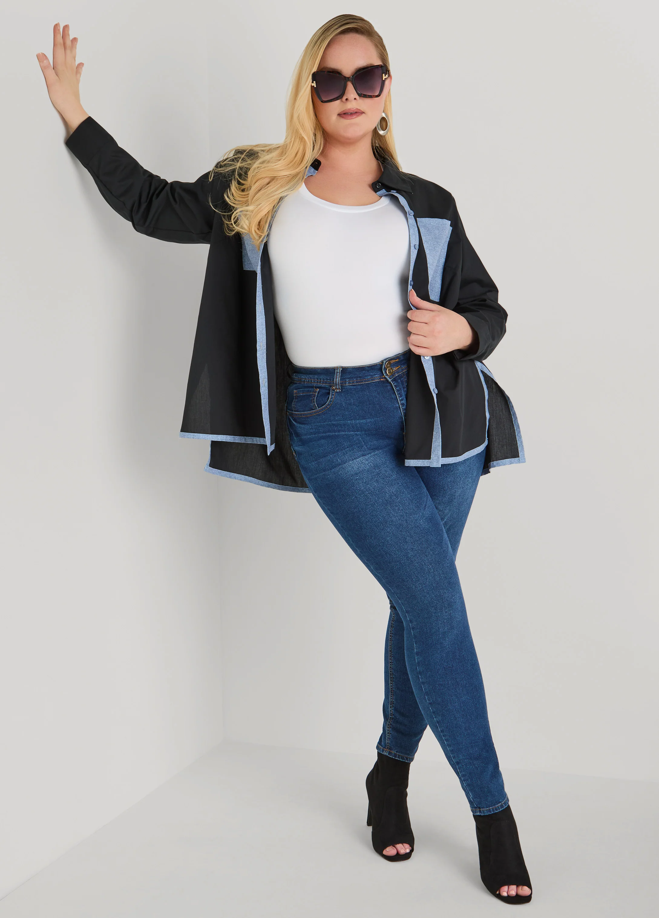 Denim Print Paneled Hi Low Shirt - Image 3