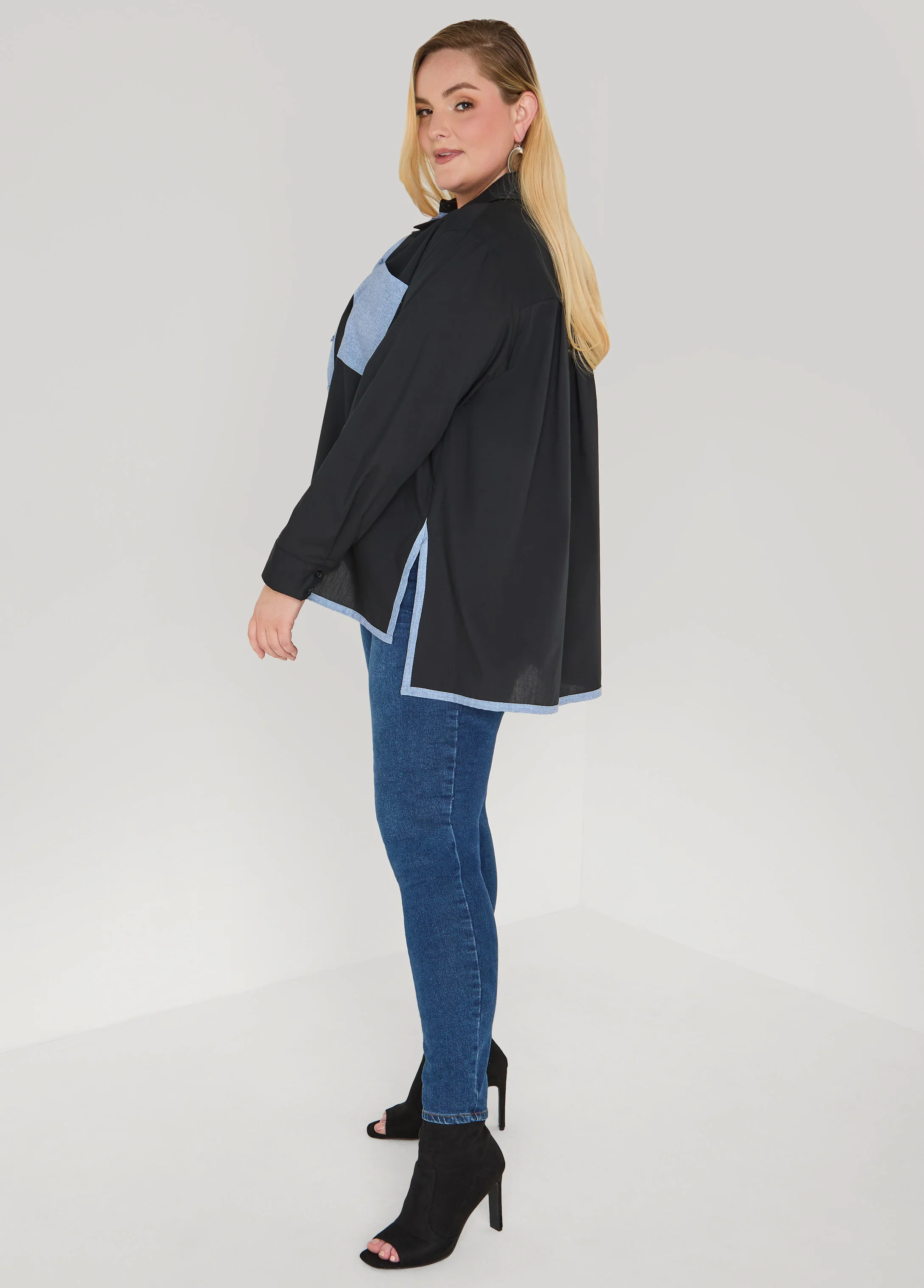 Denim Print Paneled Hi Low Shirt - Image 4