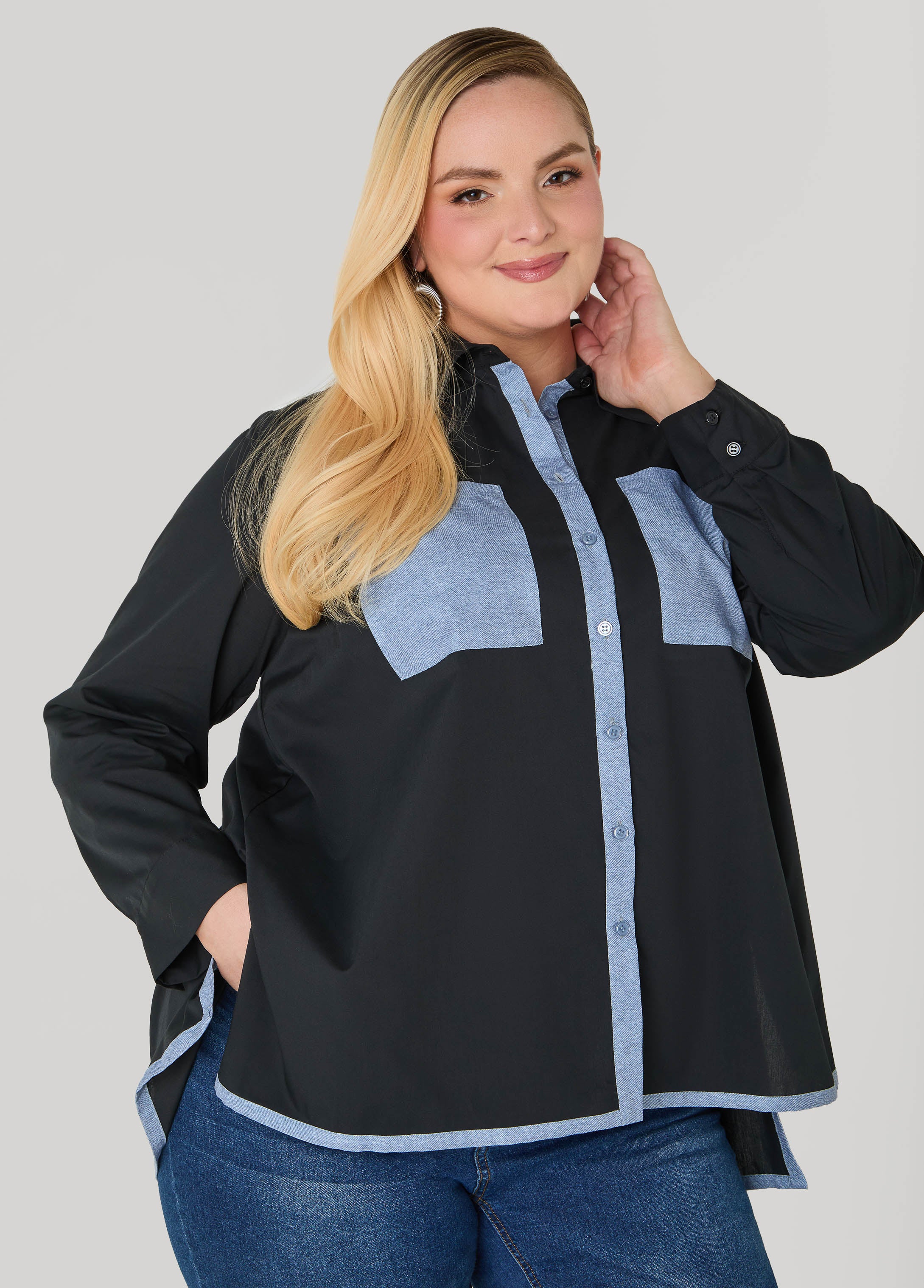 Denim Print Paneled Hi Low Shirt - Image 5