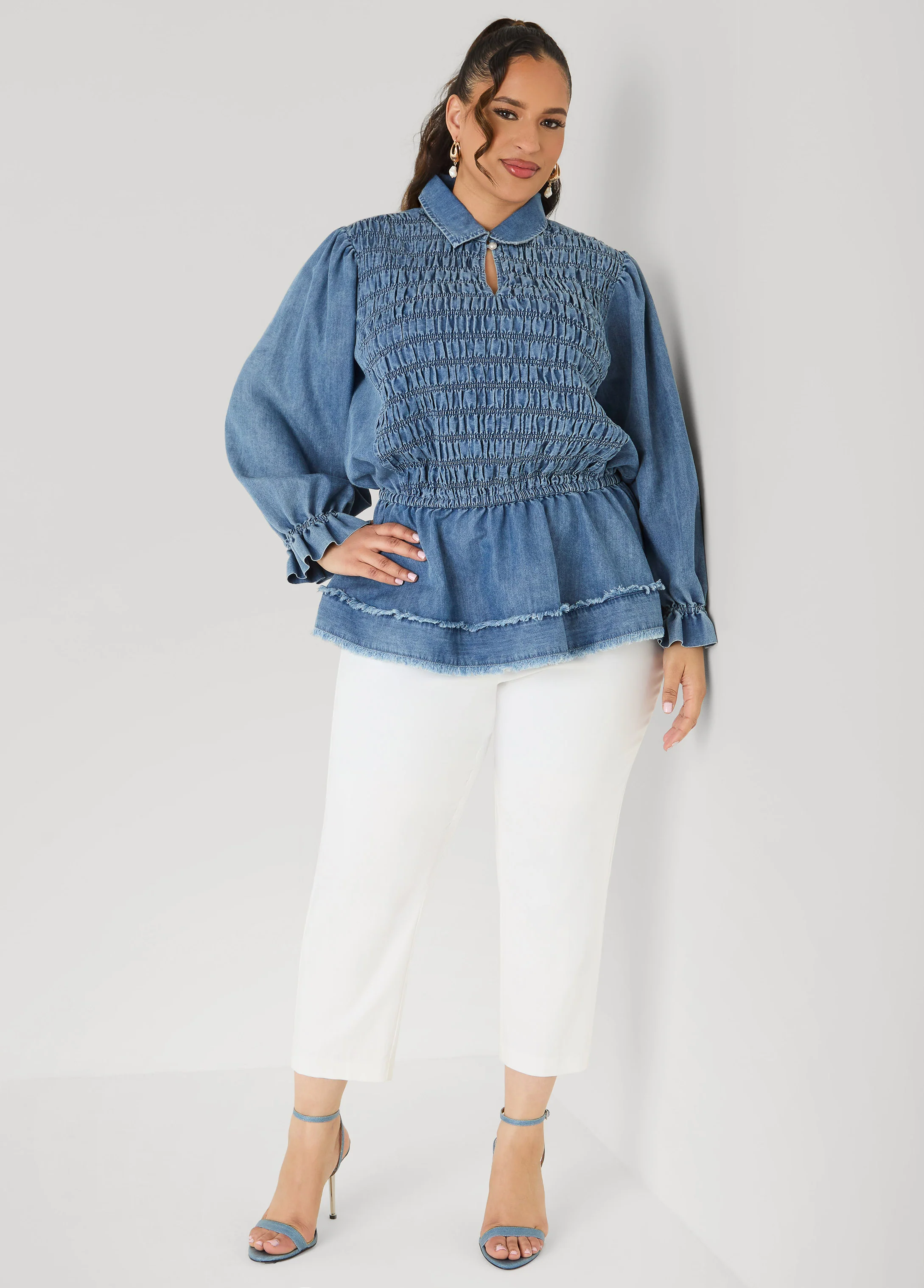 Smocked Denim Peplum Top - Image 3