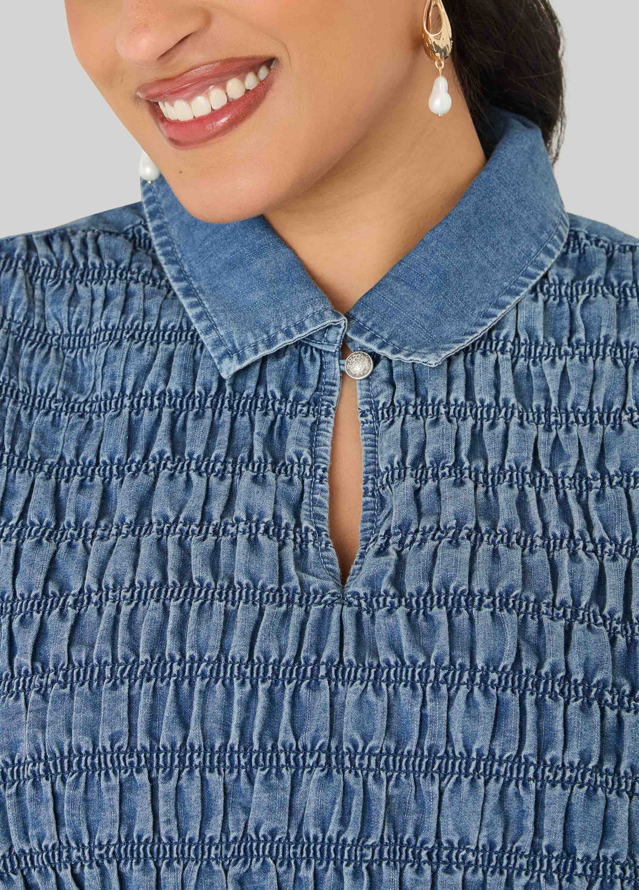 Smocked Denim Peplum Top - Image 4