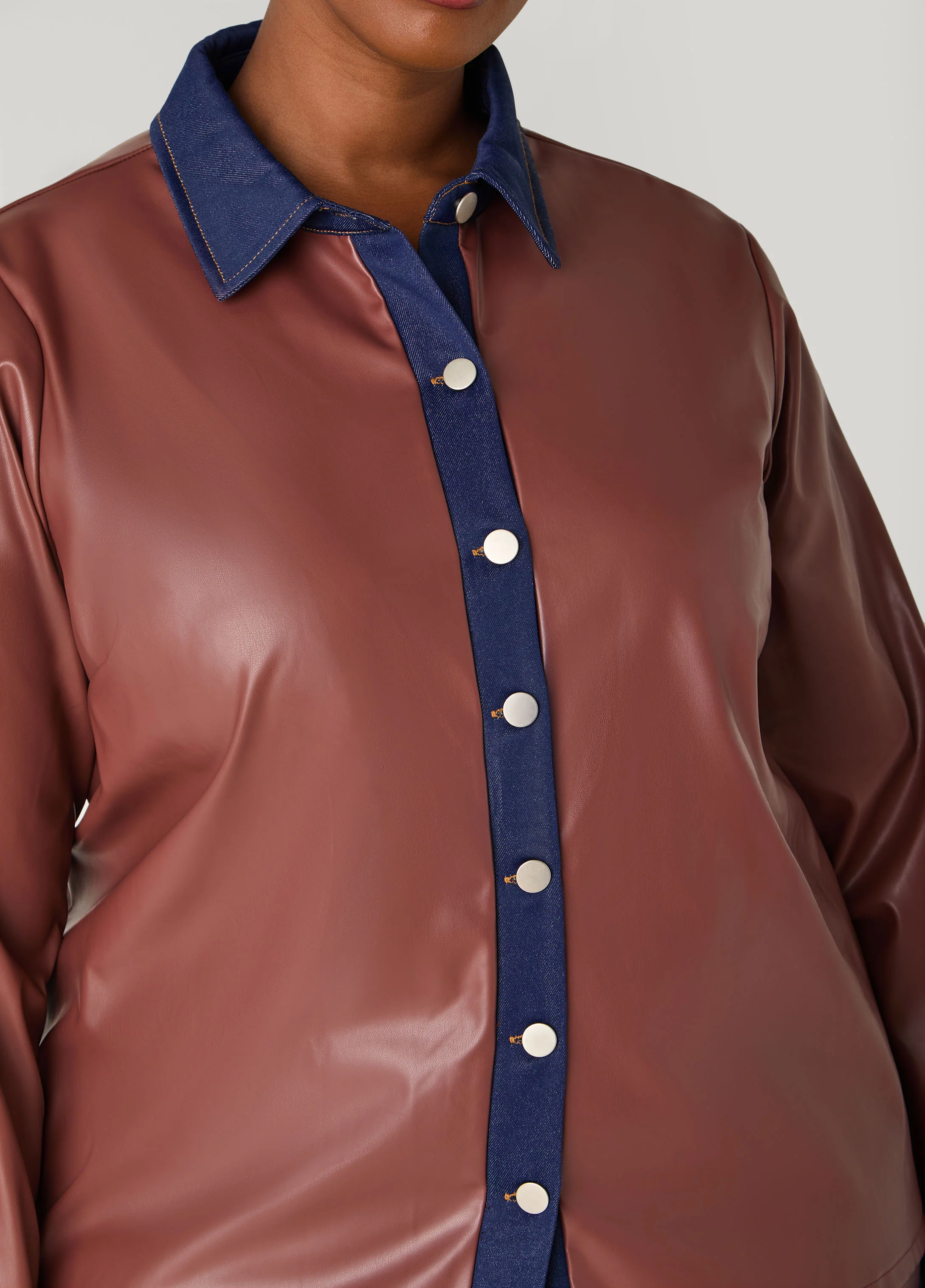 Denim Trimmed Faux Leather Shirt - Image 3