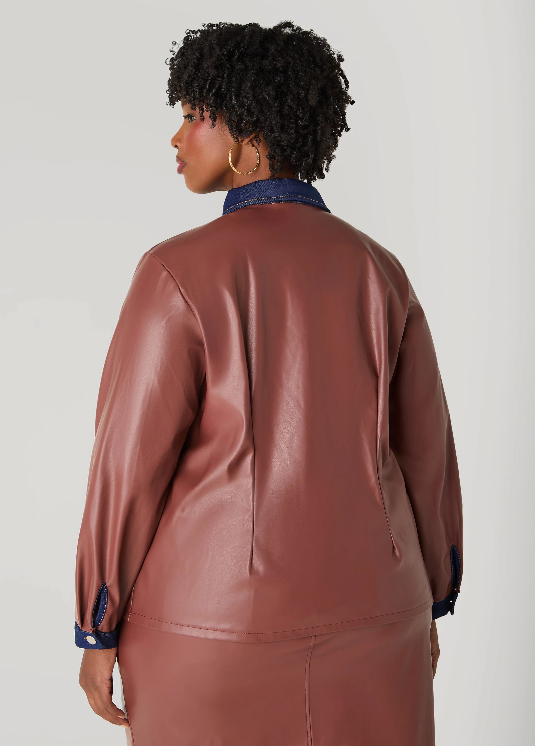 Denim Trimmed Faux Leather Shirt - Image 4