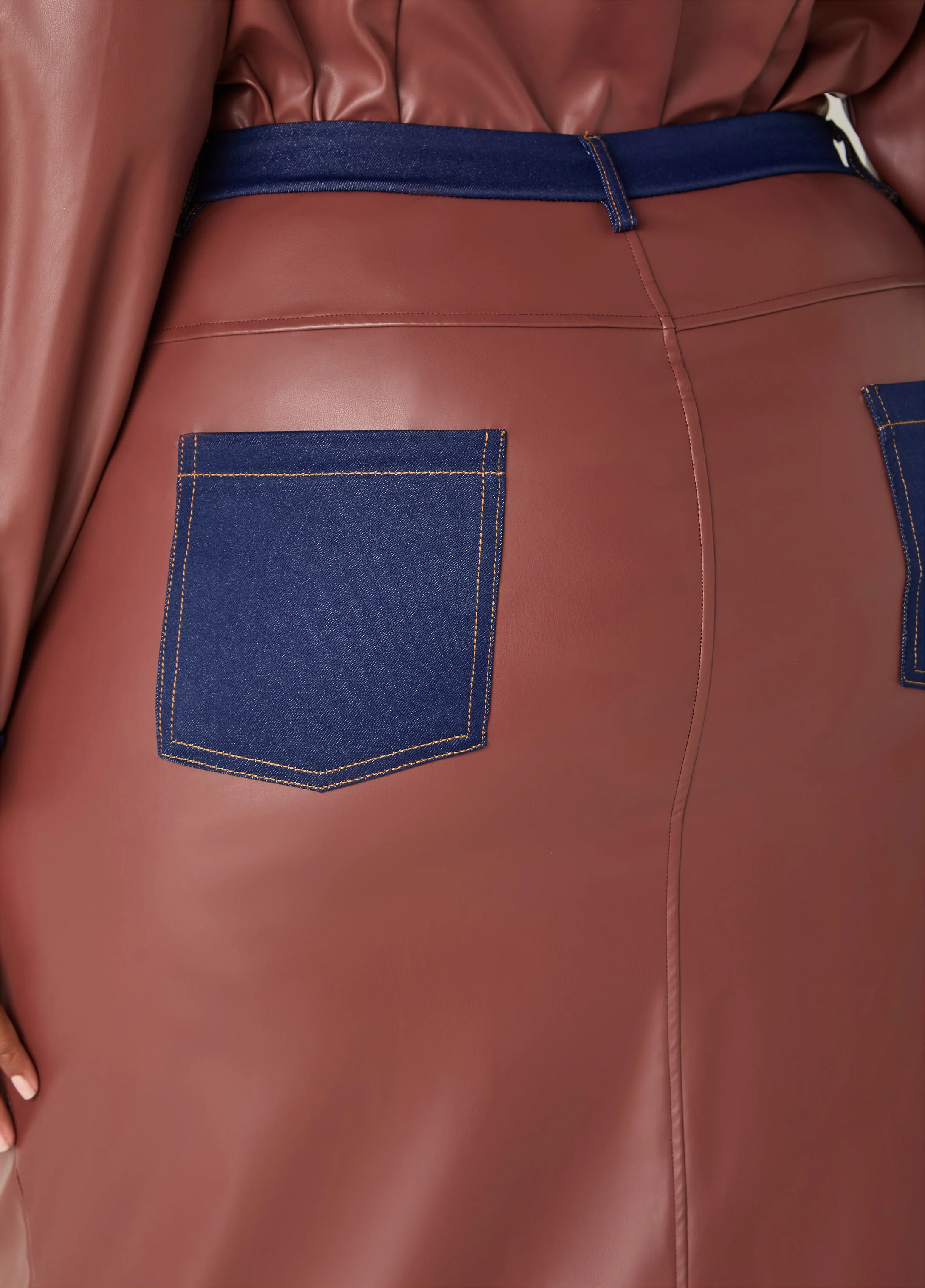 Denim Trimmed Faux Leather Skirt - Image 2