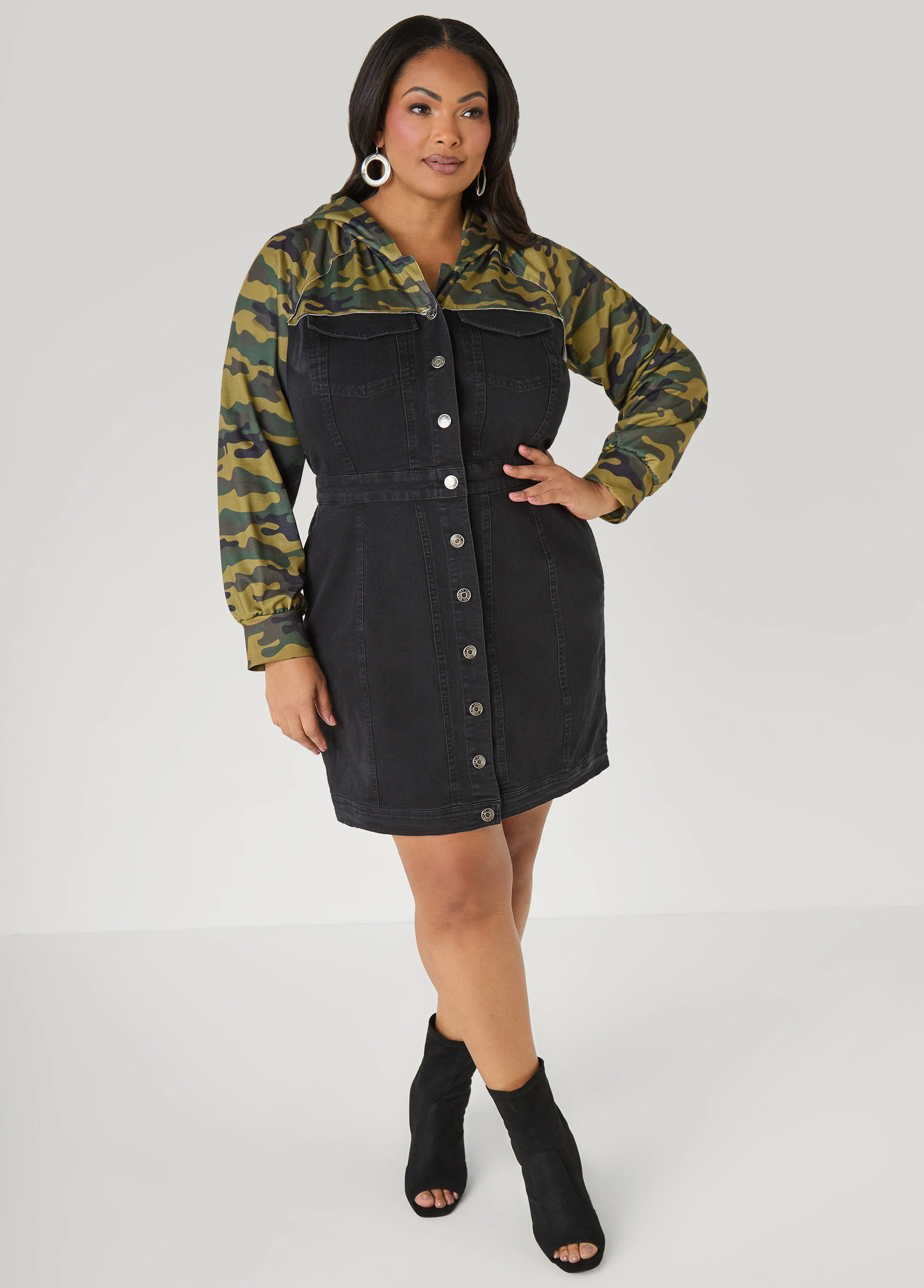 Camo Paneled Denim Bodycon Dress - Image 3