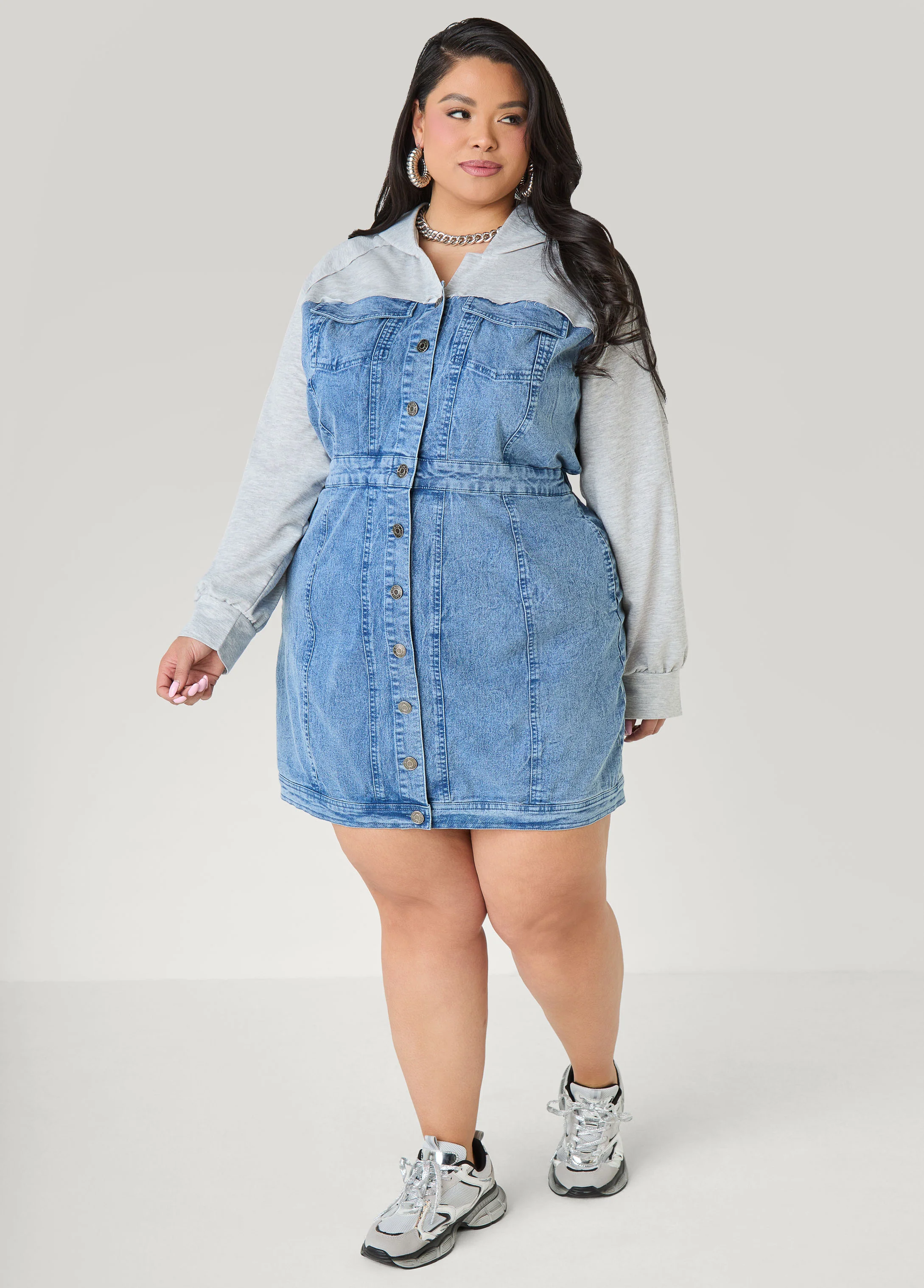 Terry Paneled Denim Bodycon Dress - Image 3