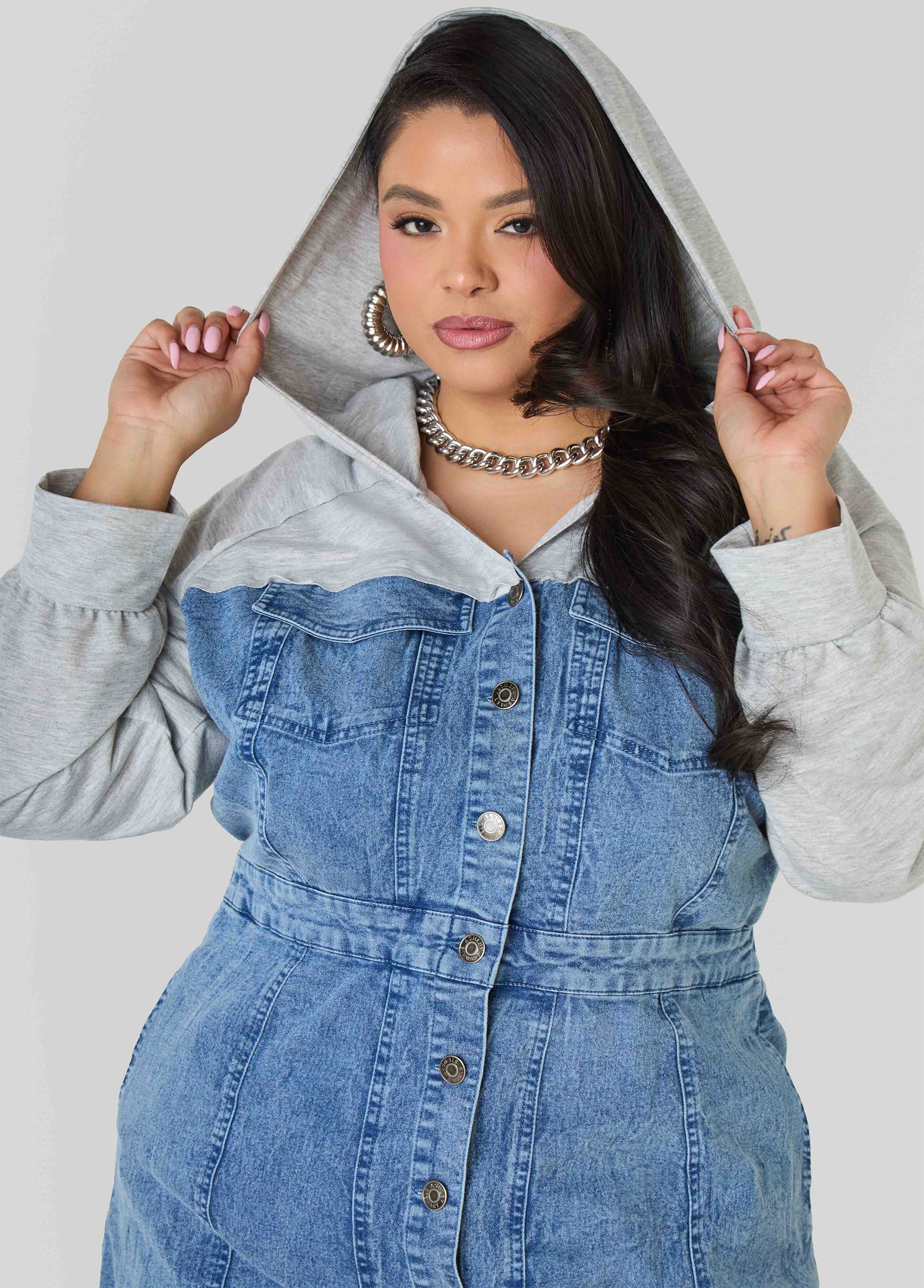 Terry Paneled Denim Bodycon Dress - Image 4