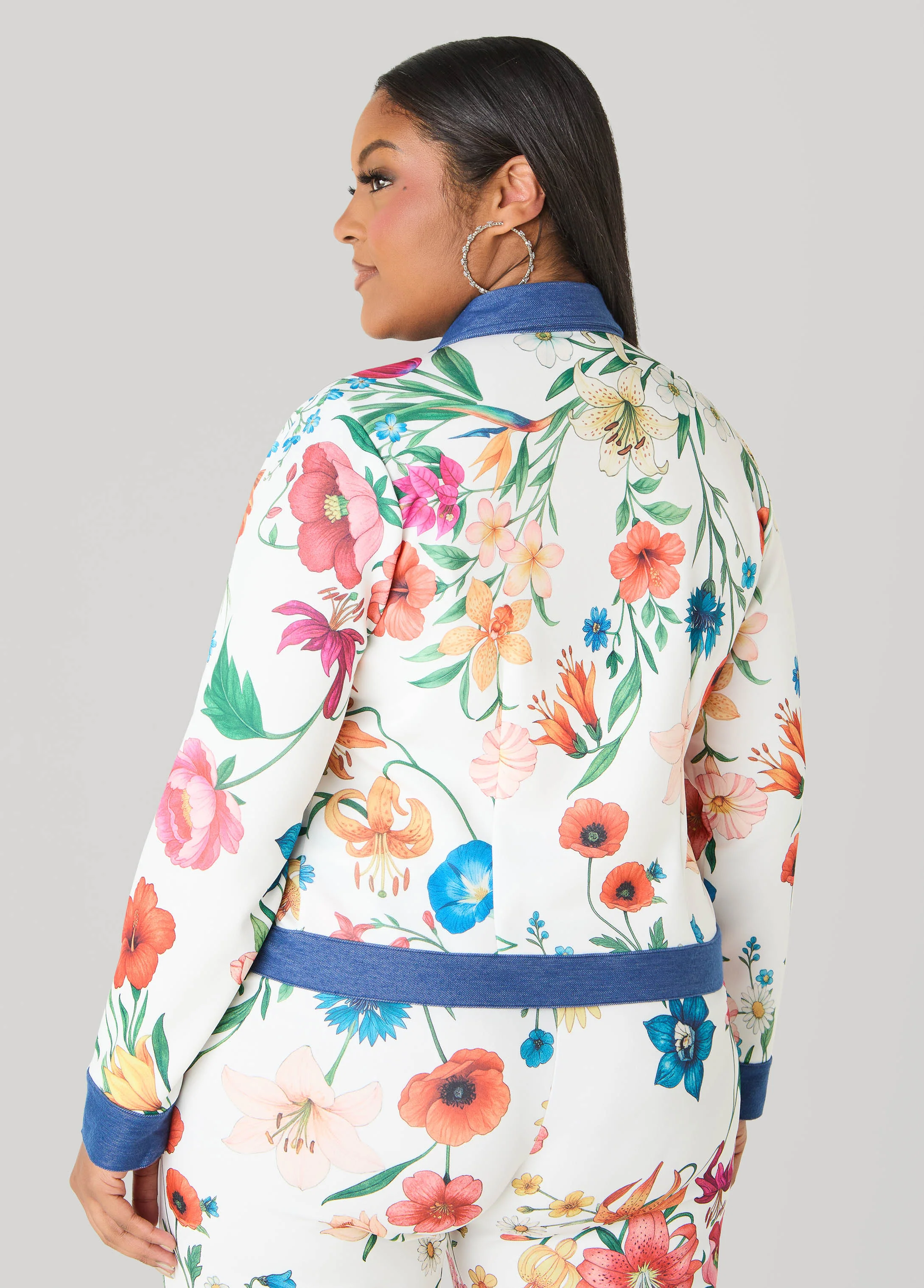 Denim Trimmed Floral Print Jacket - Image 2