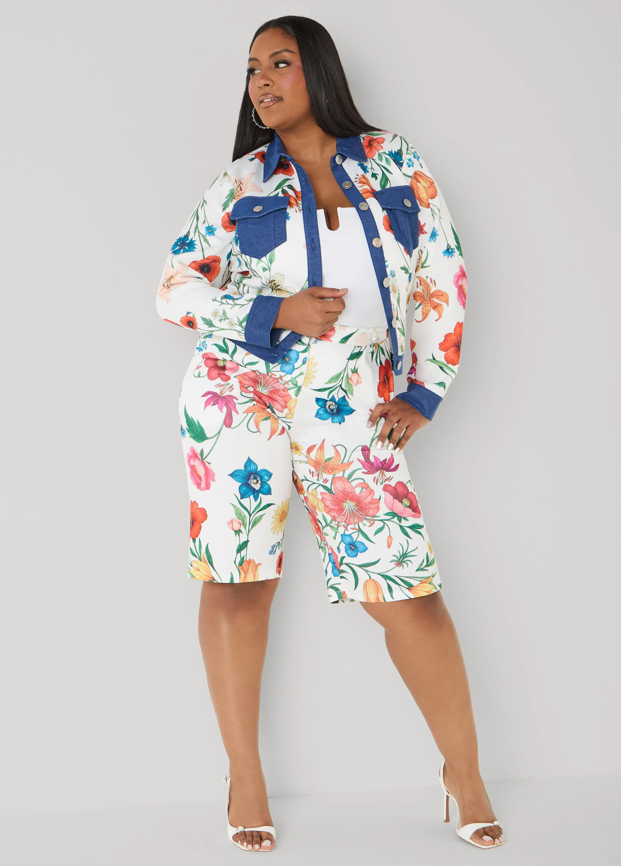 Denim Trimmed Floral Print Jacket - Image 3
