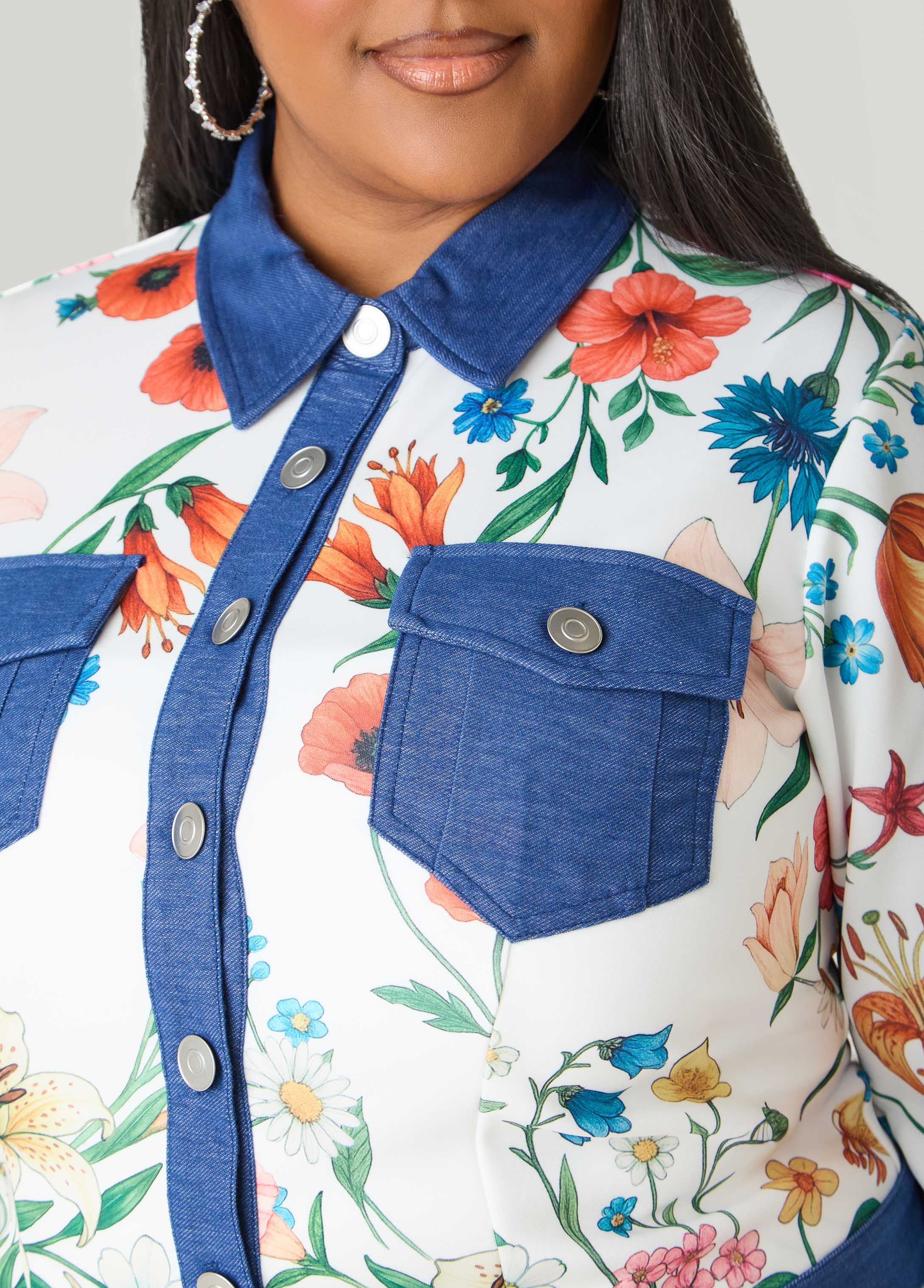 Denim Trimmed Floral Print Jacket - Image 4