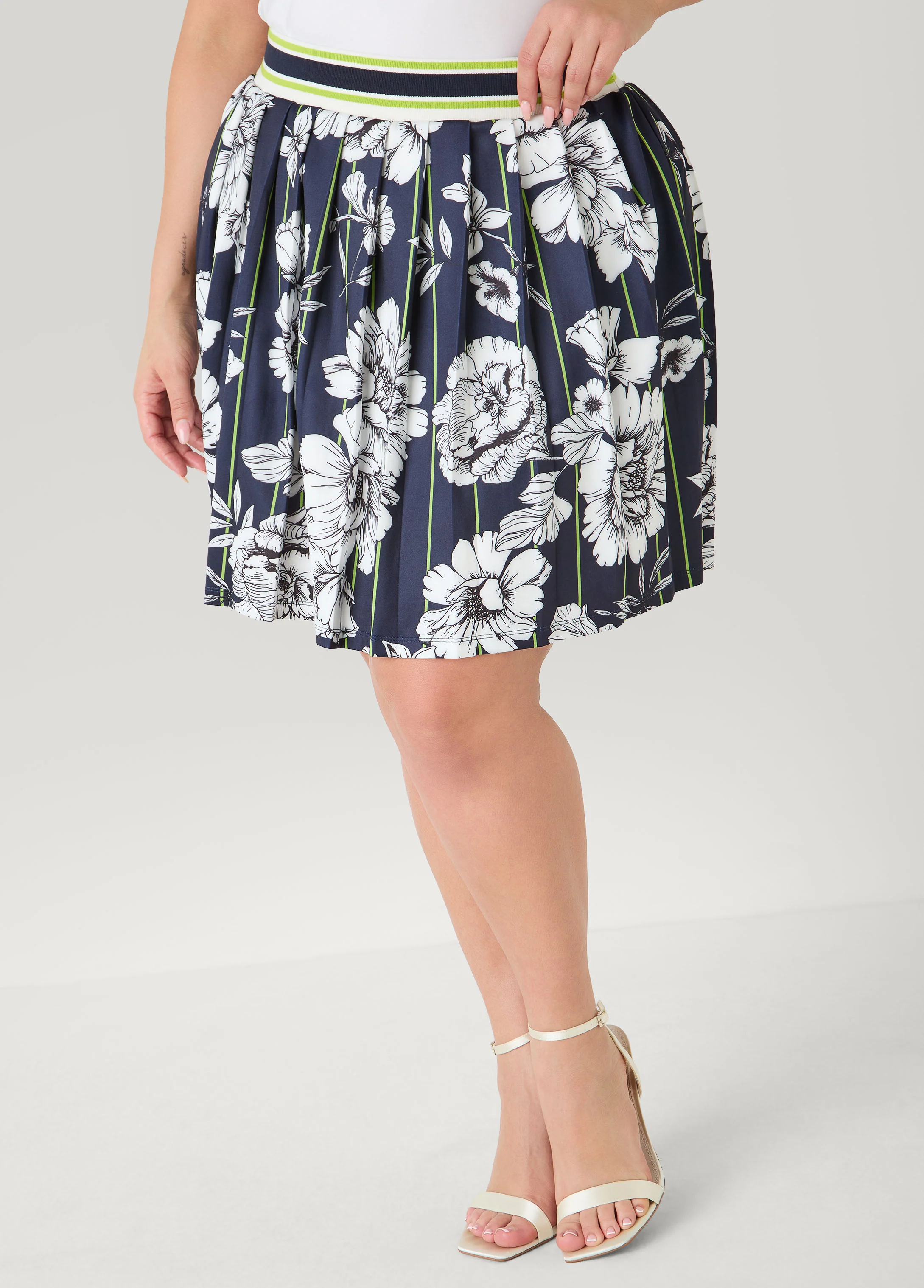 Striped And Floral Pleated Skort - Image 3