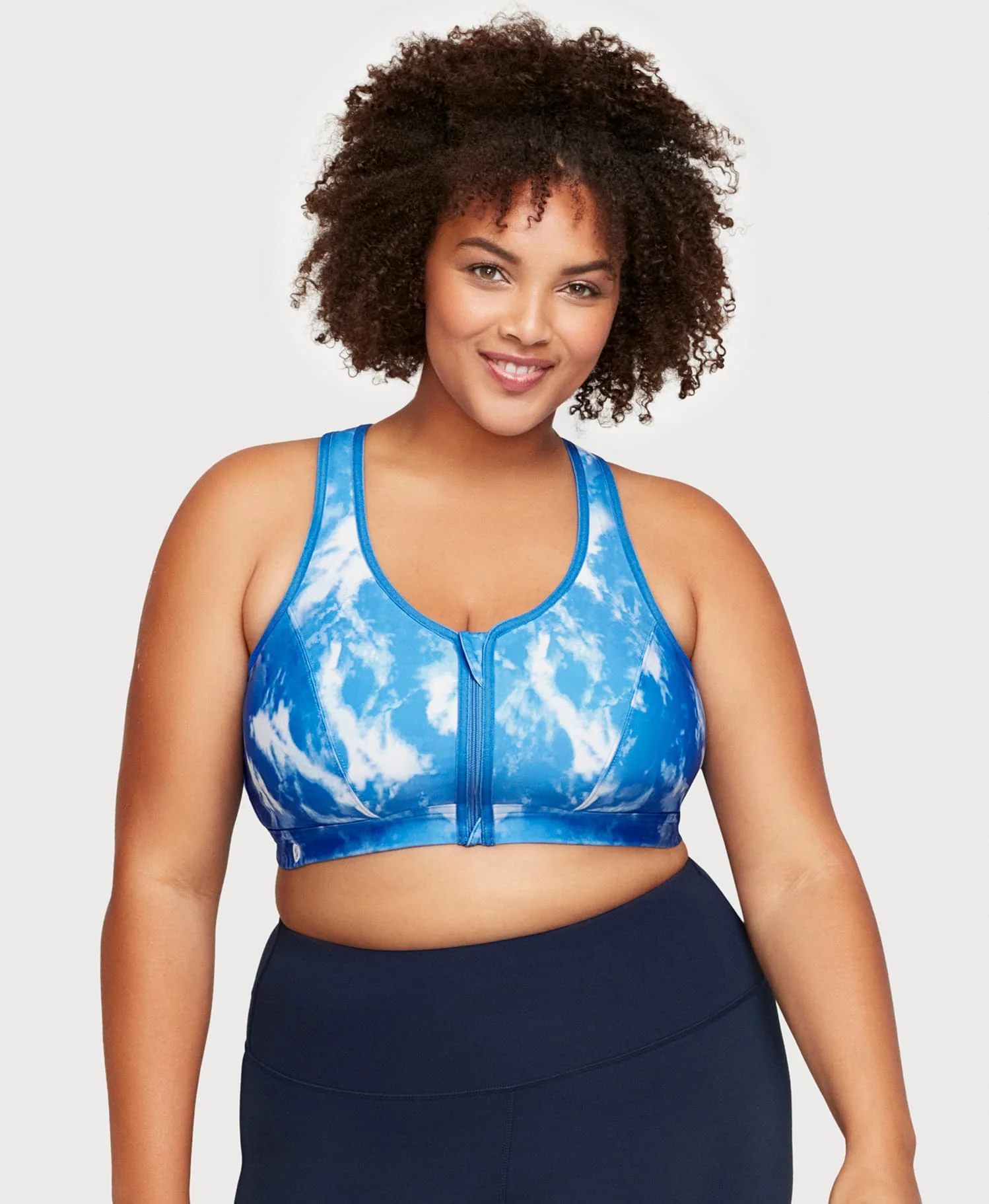 Front-Closure Zip Up Sports Bra Blue Tie-Dye - Image 2
