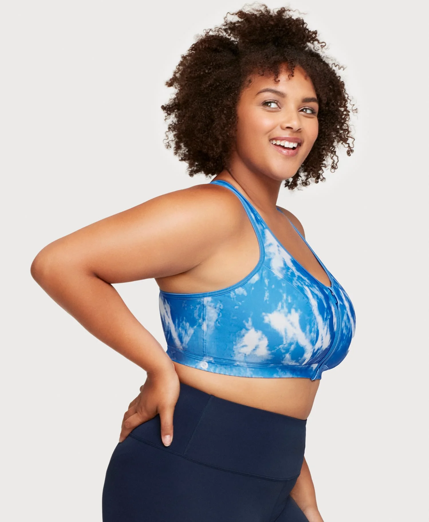 Front-Closure Zip Up Sports Bra Blue Tie-Dye - Image 4