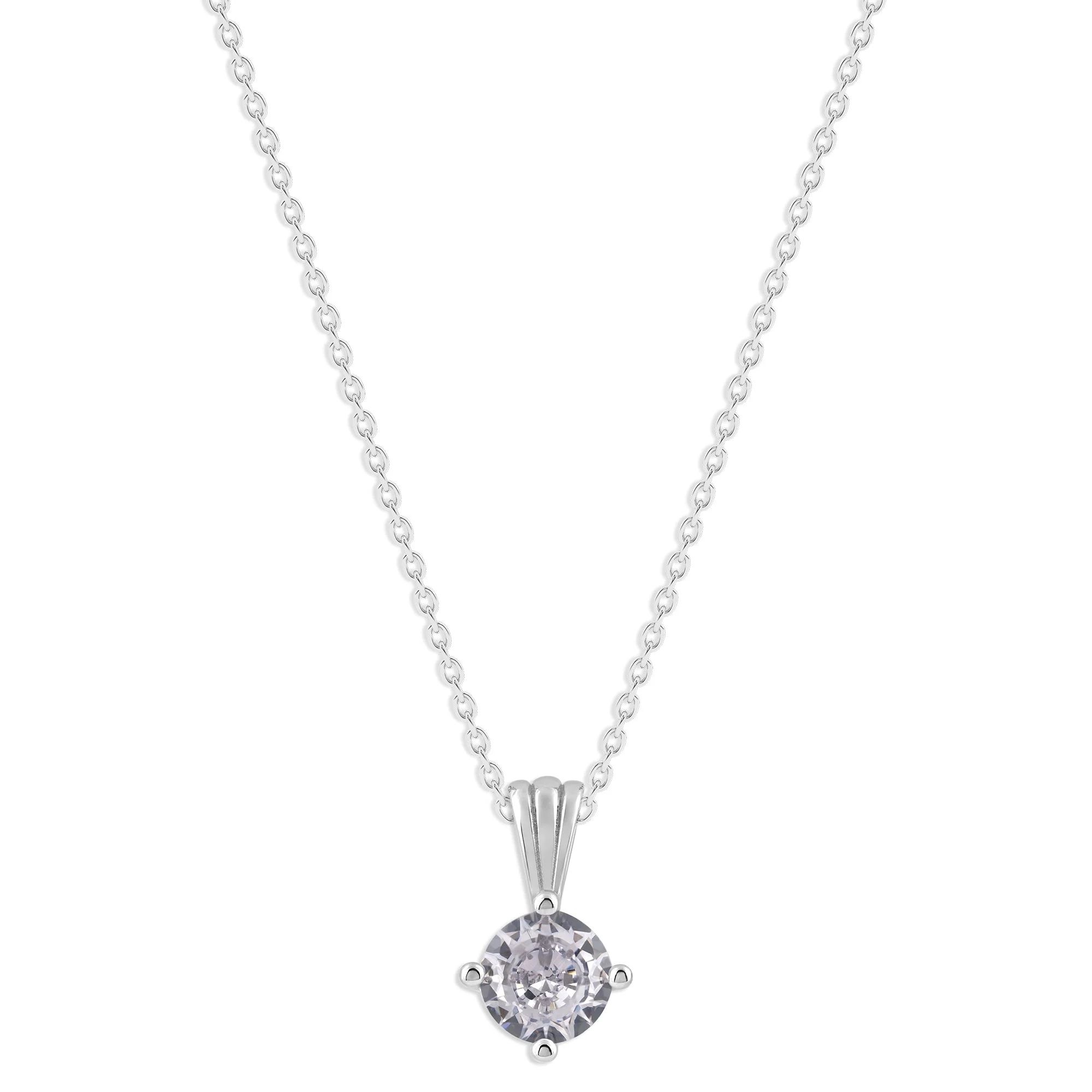 Gemstone Necklace in Sterling Silver, Round Pendant Size 6.5 * 6.5mm, 15" Cable Chain with 2" Extender, Gift Box Included - Apr, White Zircon - Image 2