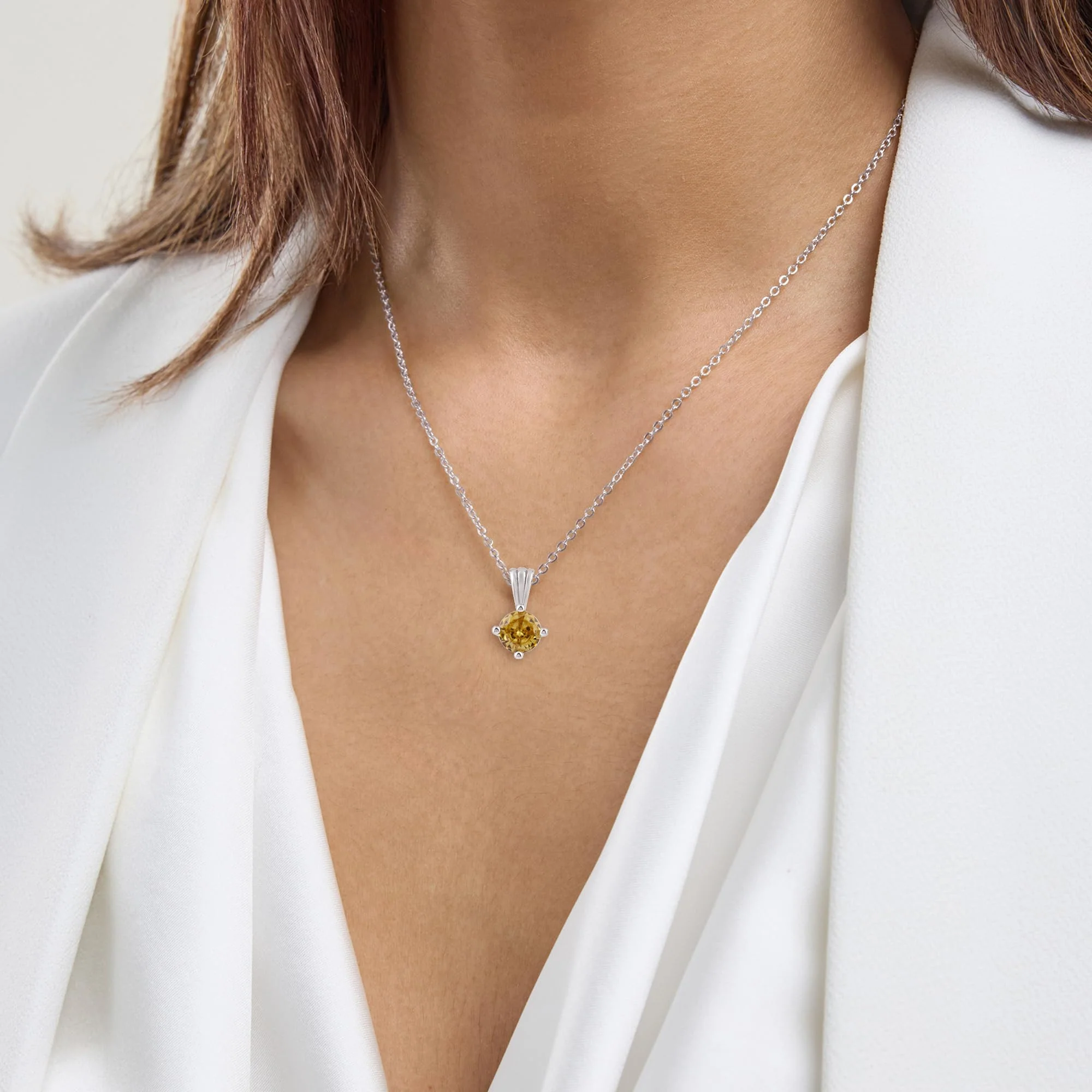Gemstone Necklace in Sterling Silver, Round Pendant Size 6.5 * 6.5mm, 15" Cable Chain with 2" Extender, Gift Box Included - Apr, White Zircon - Image 5