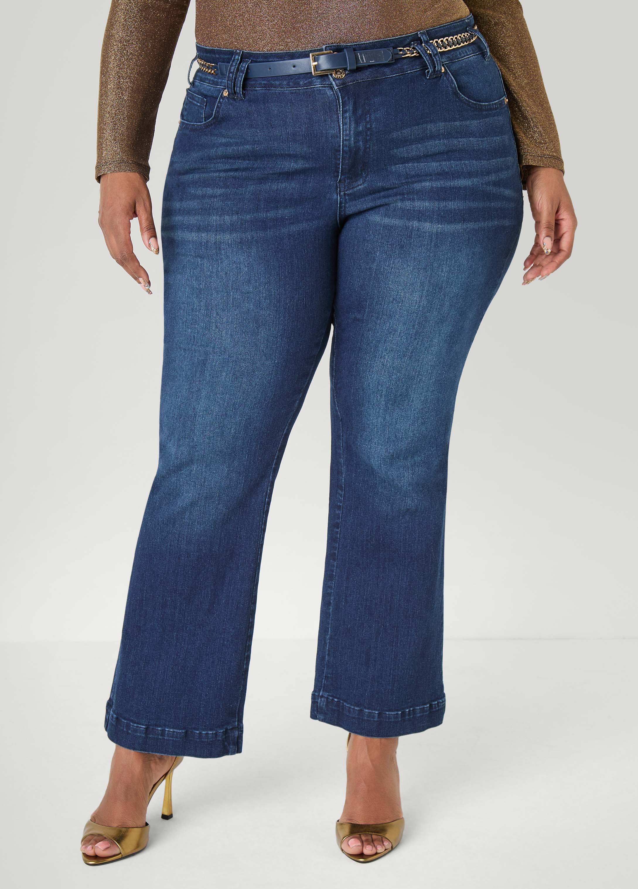 Chain Belt Slim Flare Jeans - Image 2
