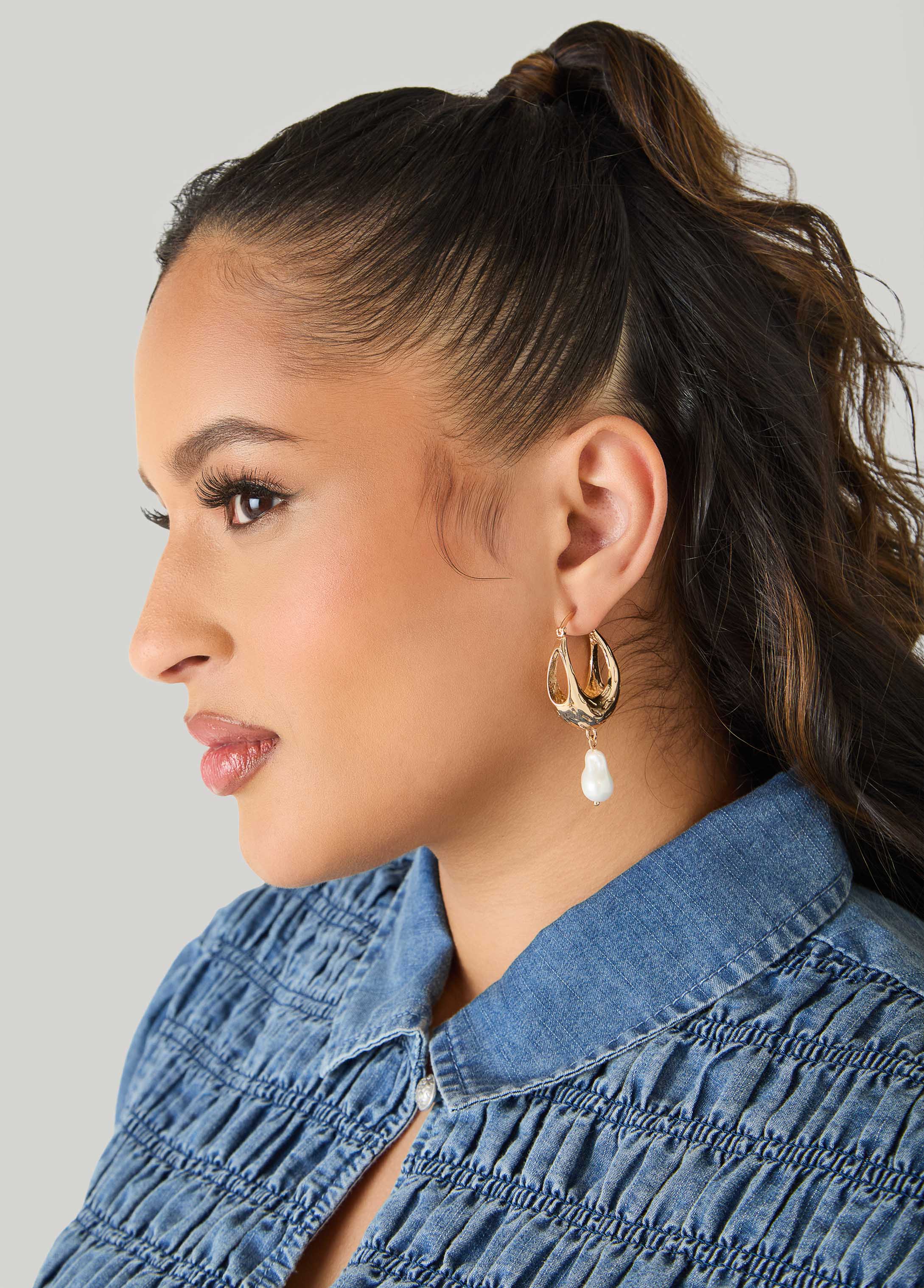 Faux Pearl Gold Huggie Earrings - Image 2