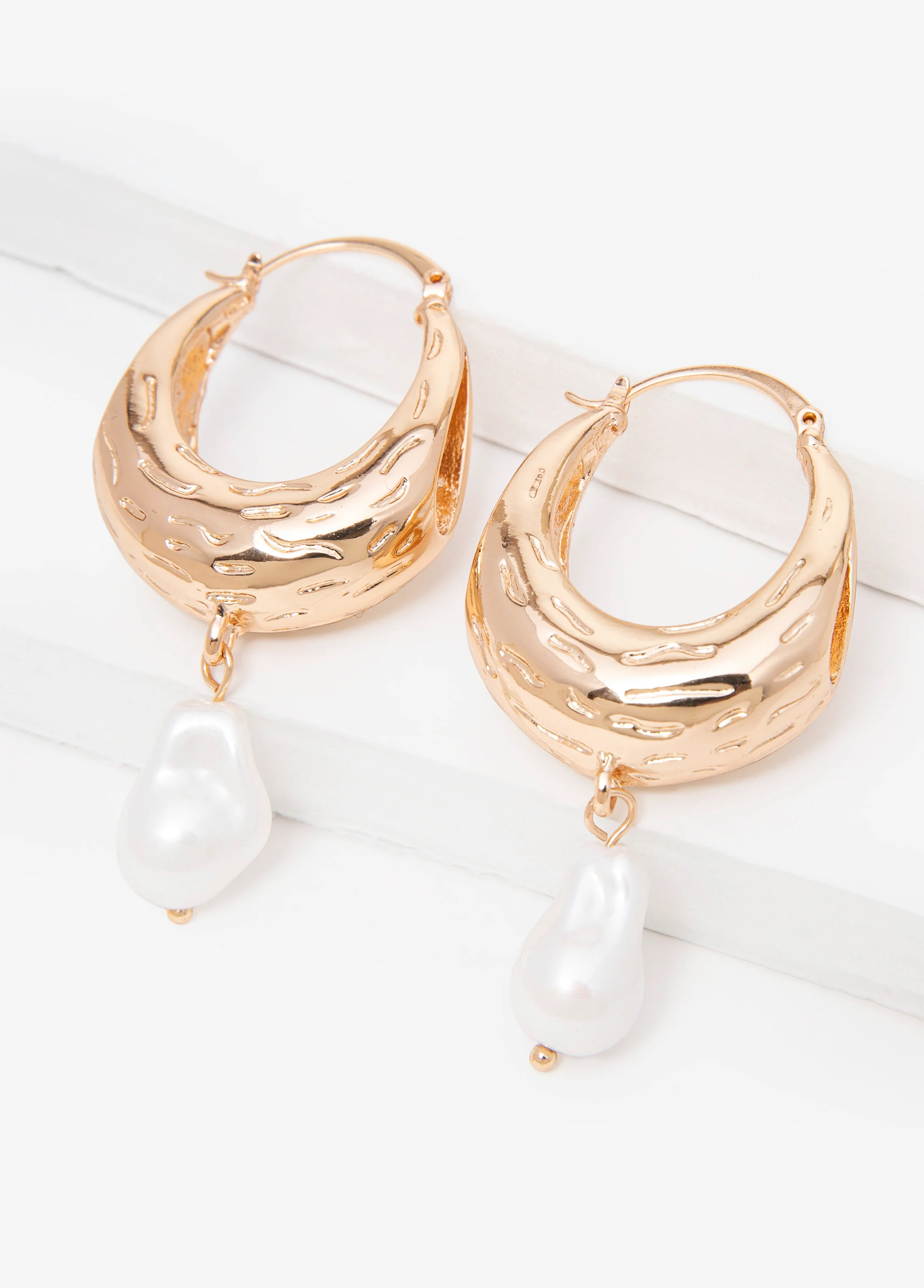 Faux Pearl Gold Huggie Earrings - Image 3
