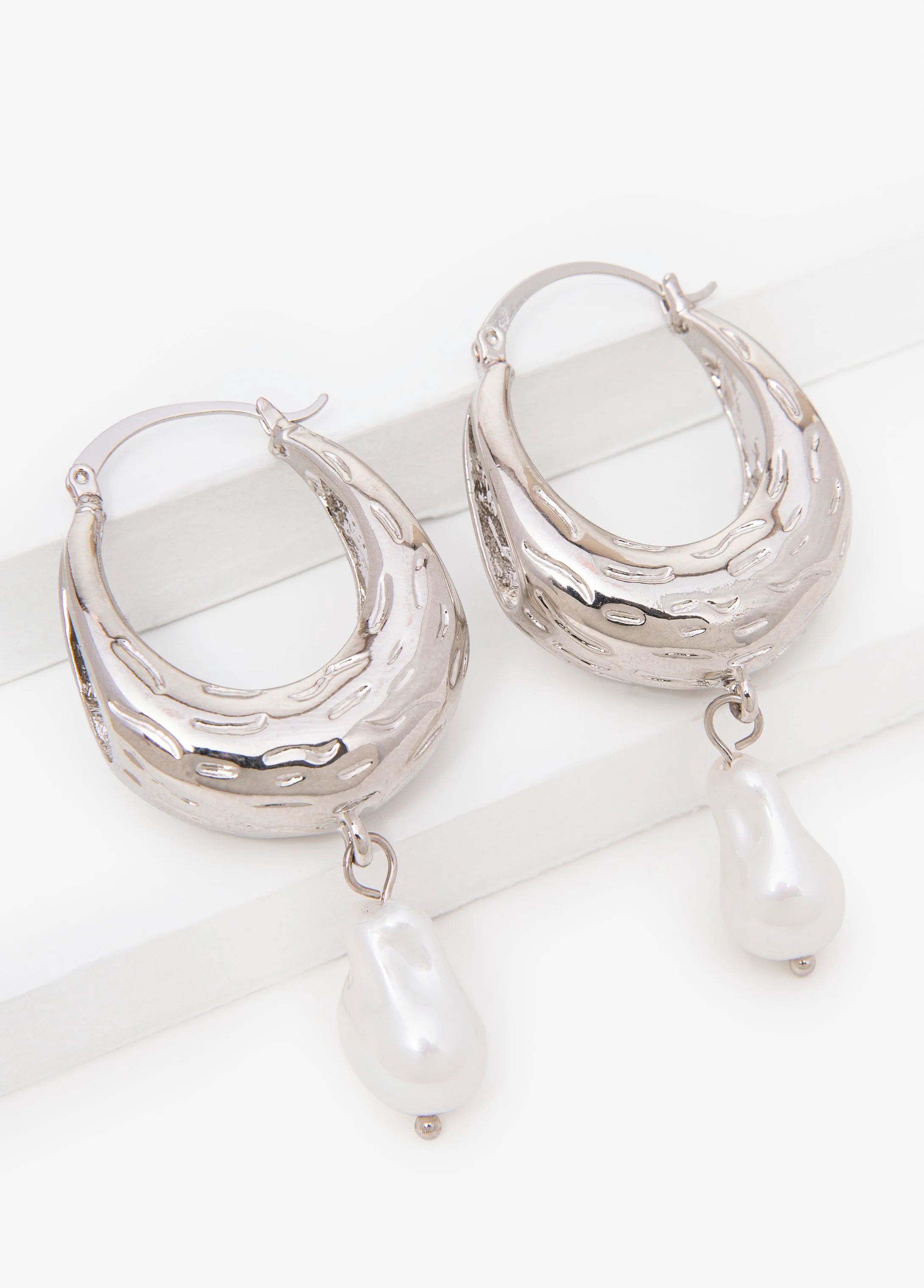 Faux Pearl Silver Huggie Earrings - Image 2