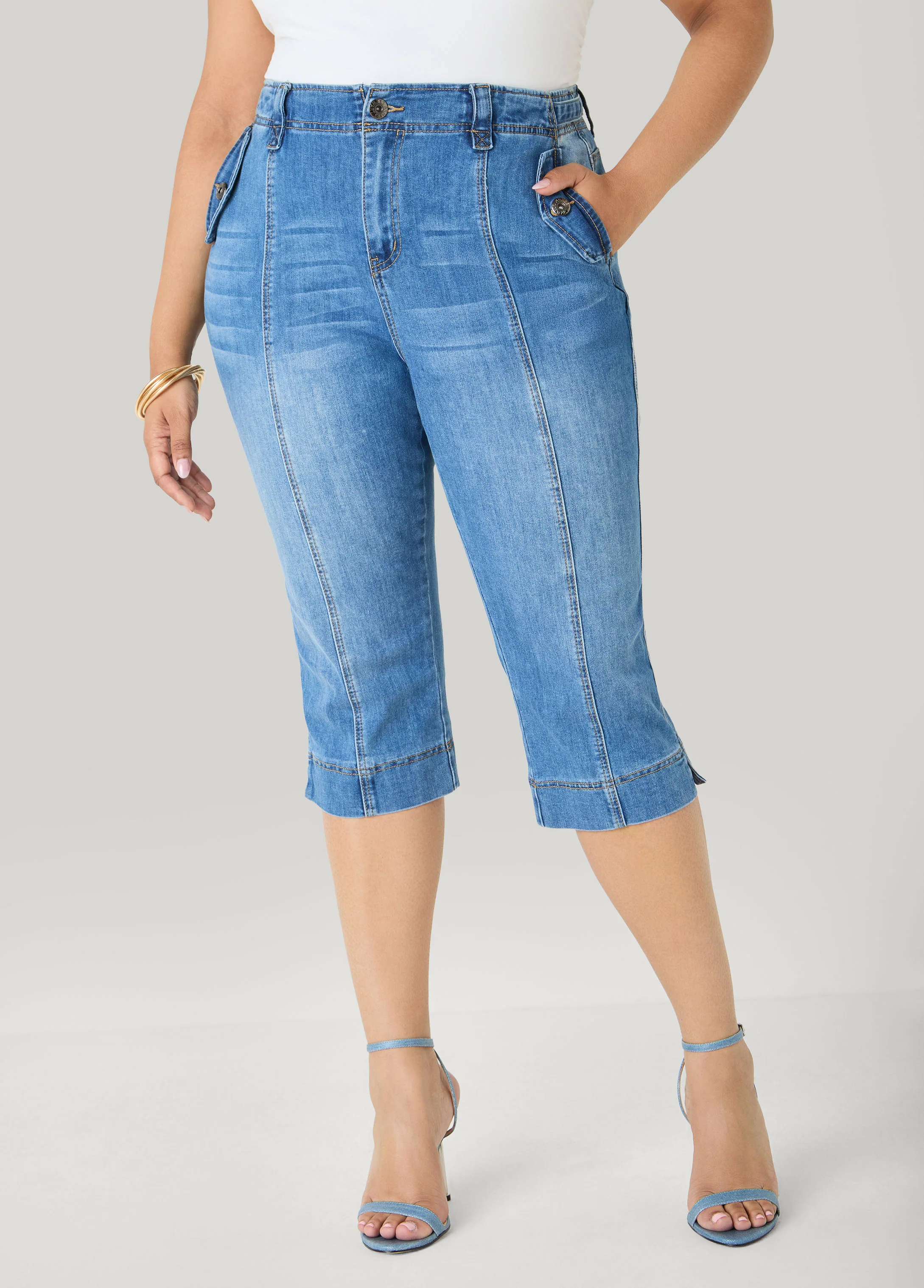 Flap Pocket Seamed Denim Capris - Image 3