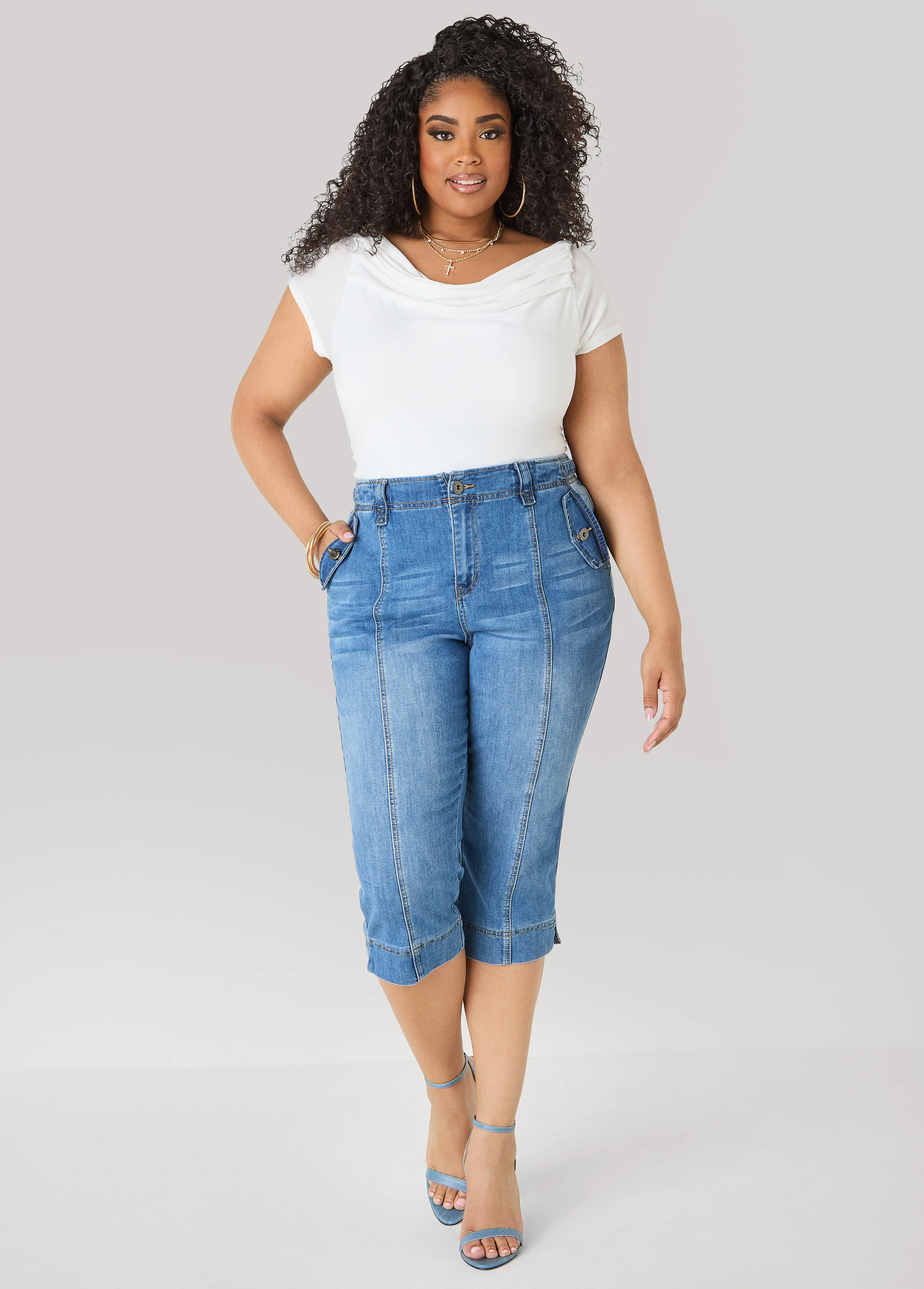 Flap Pocket Seamed Denim Capris - Image 4