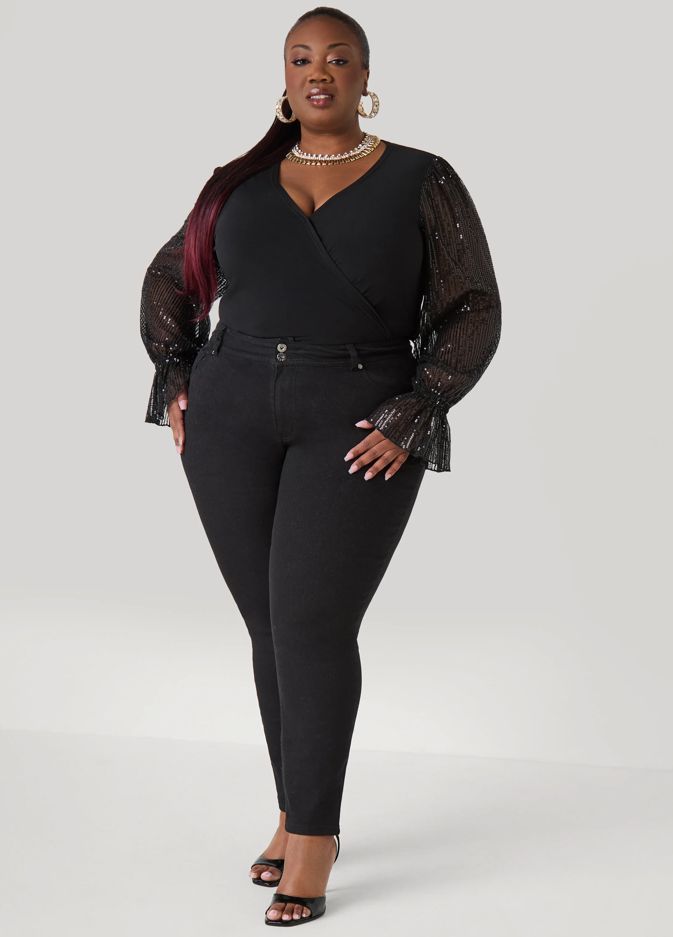 Sequin Mesh Paneled Faux Wrap Top - Image 3