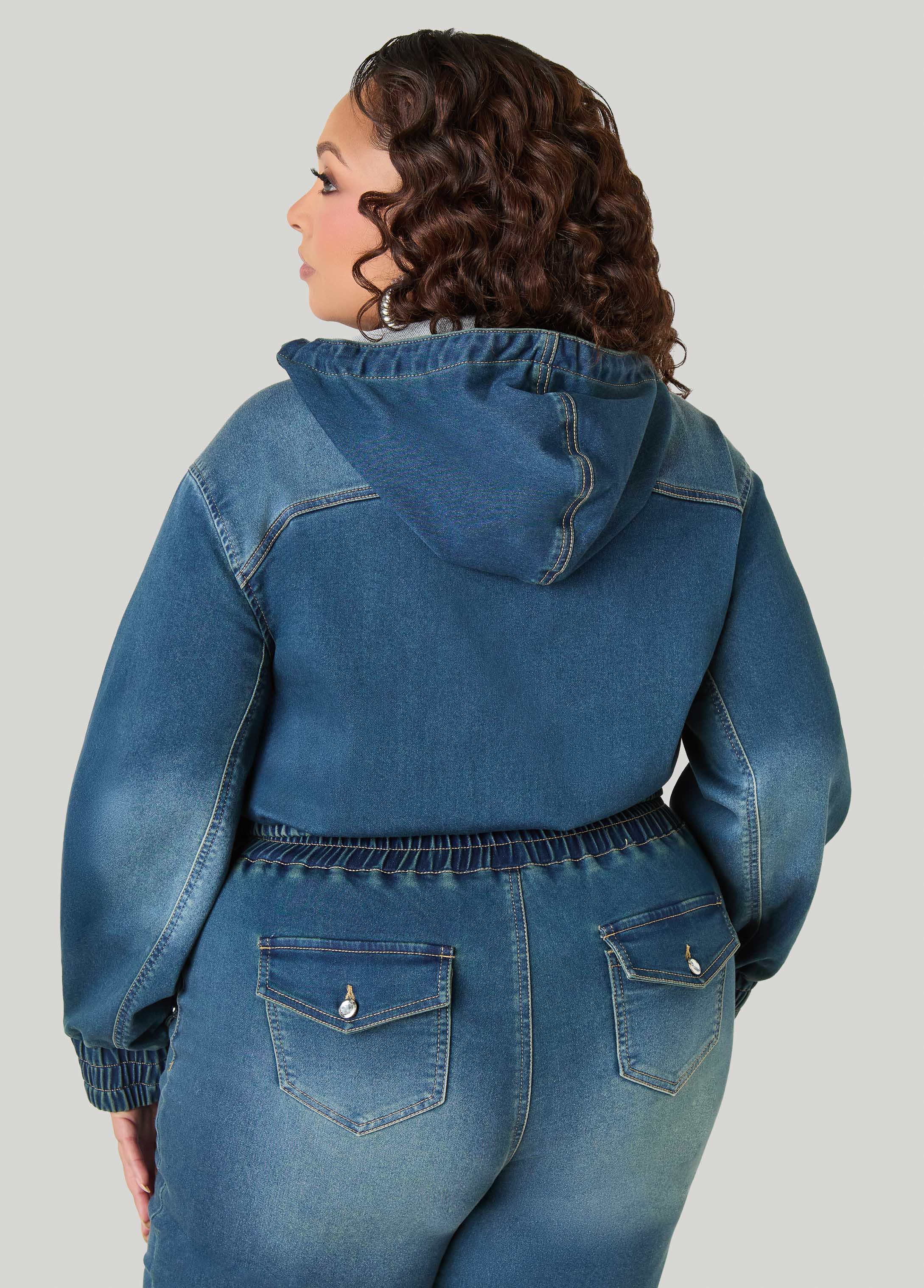 Hooded Faux Wrap Denim Jacket - Image 2