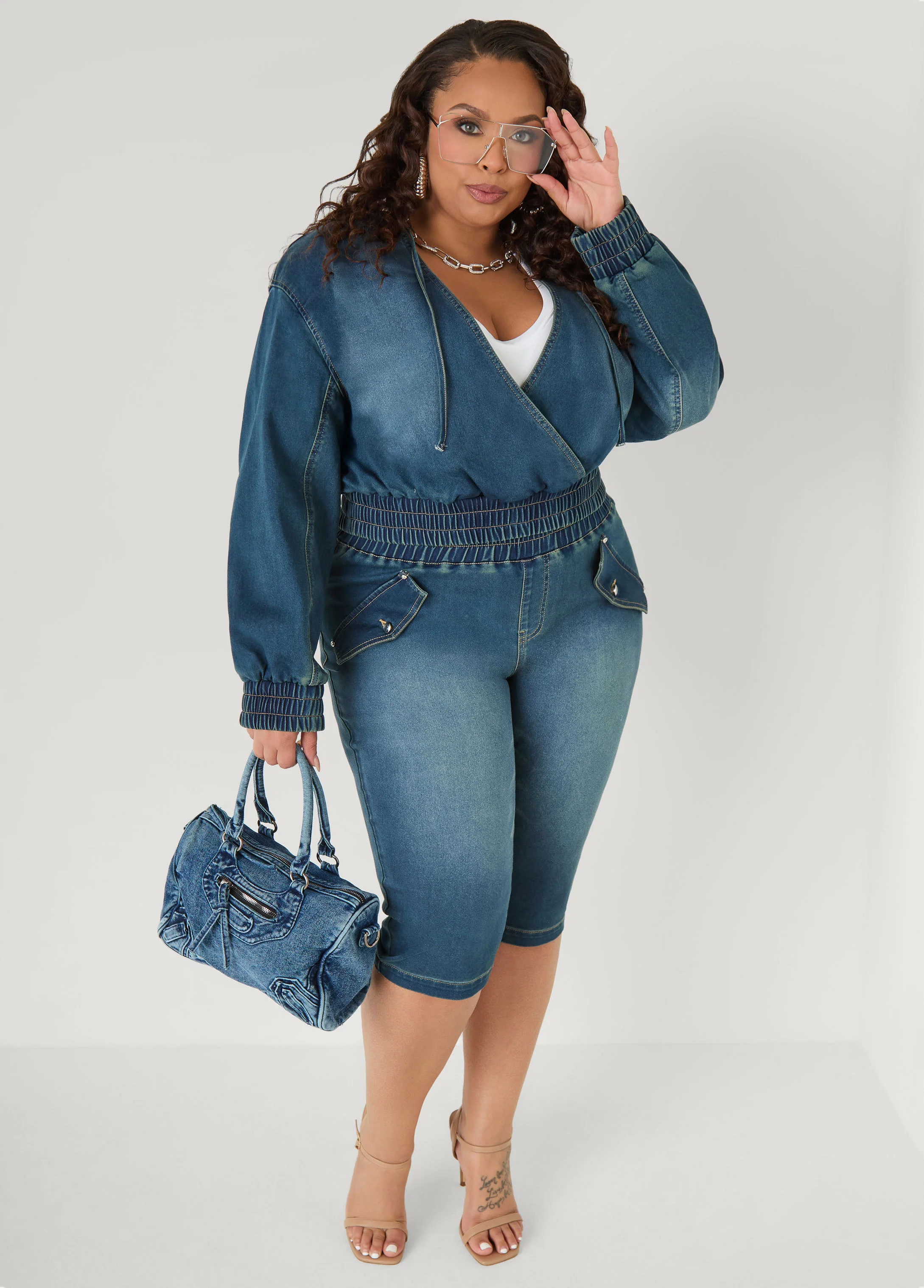 Hooded Faux Wrap Denim Jacket - Image 3