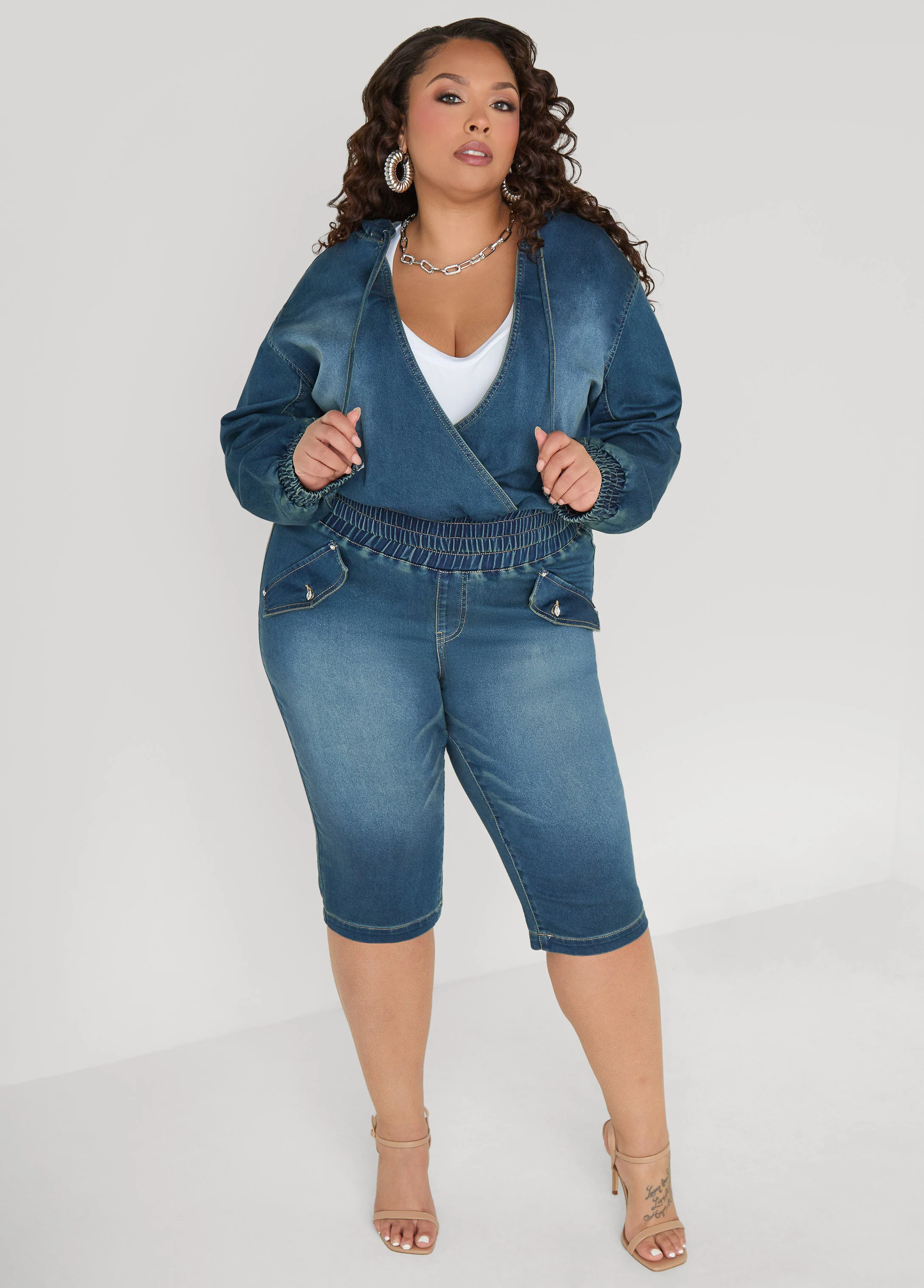 Hooded Faux Wrap Denim Jacket - Image 4