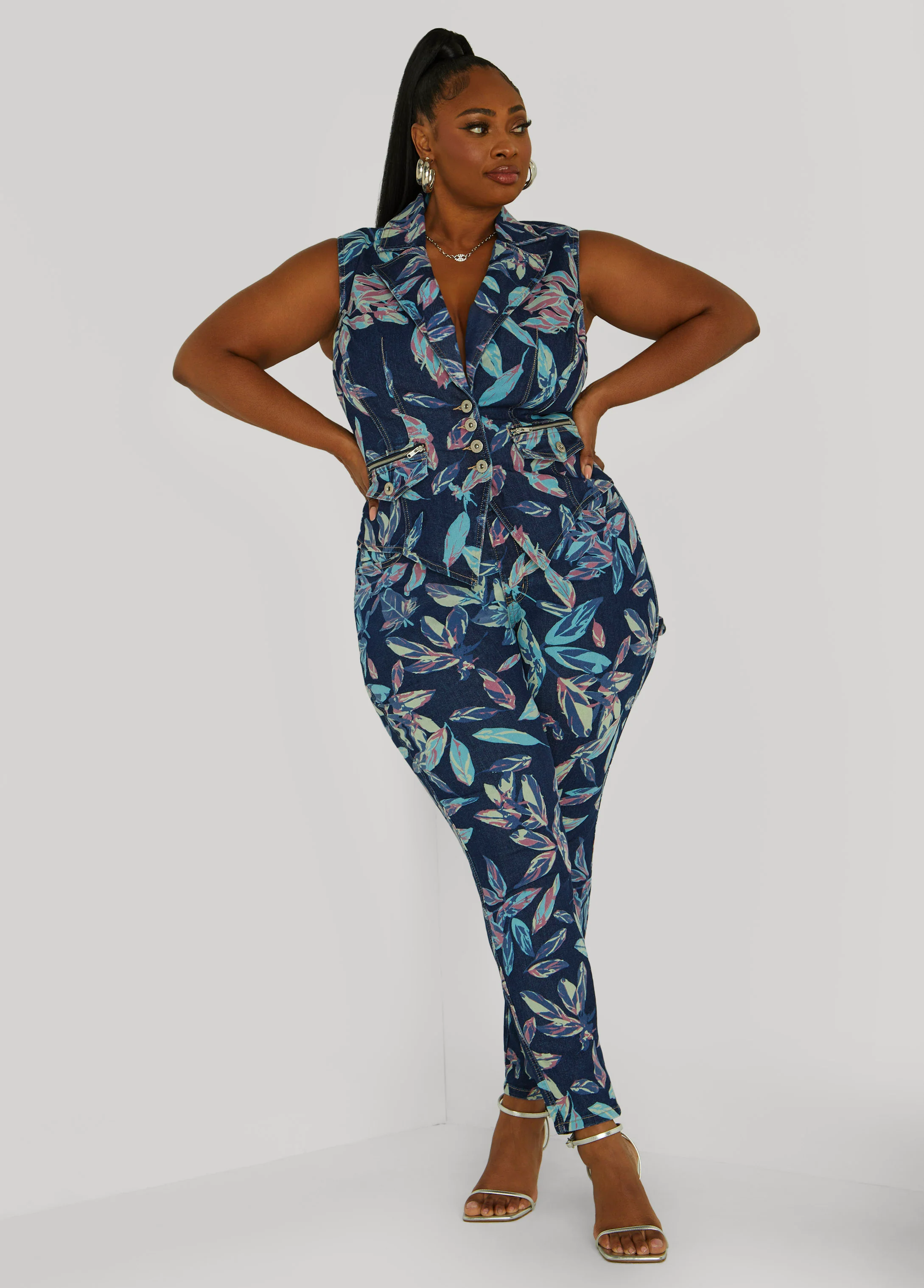 Leaf Print Denim Vest - Image 3