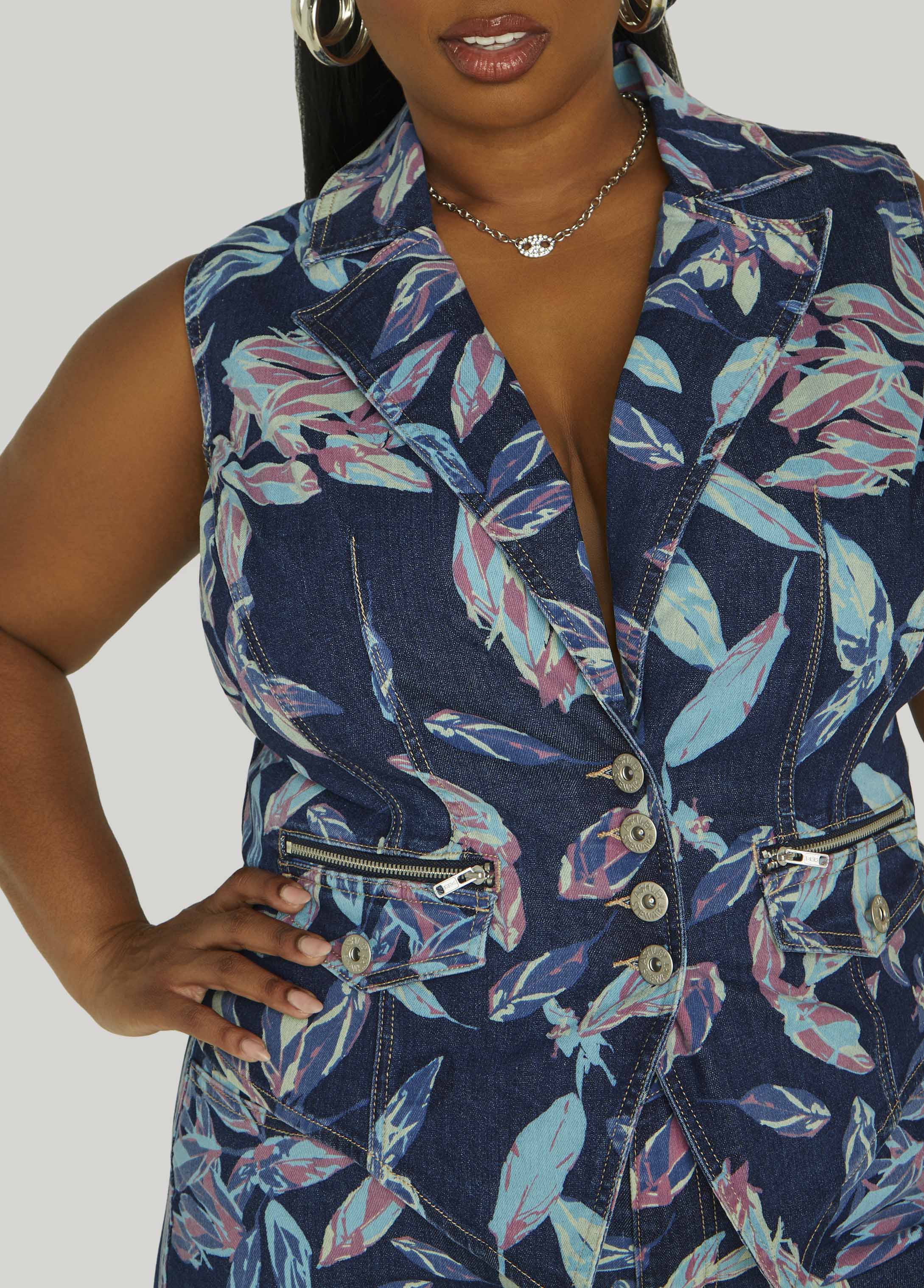 Leaf Print Denim Vest - Image 4
