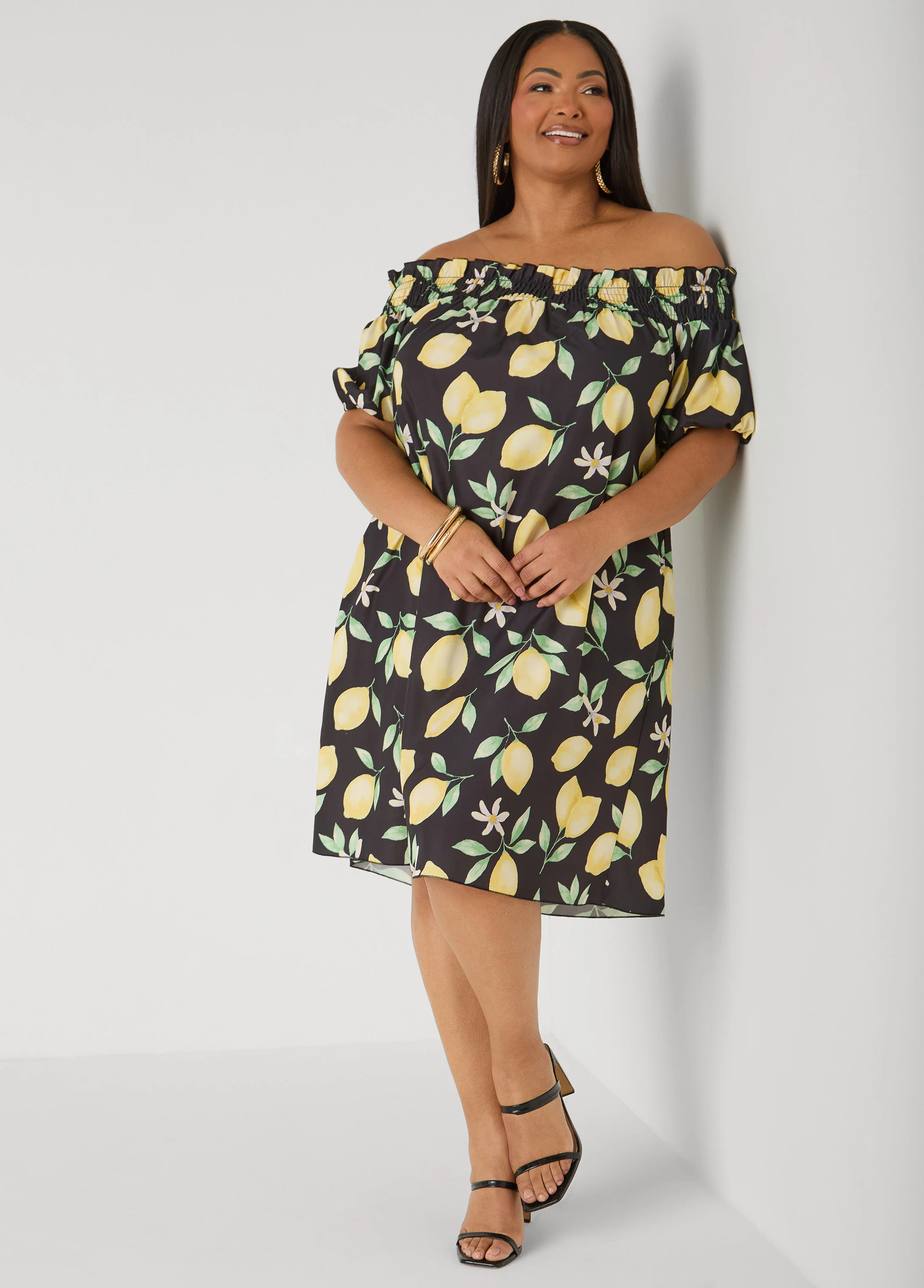 Off The Shoulder Lemon Print Dress - Image 3