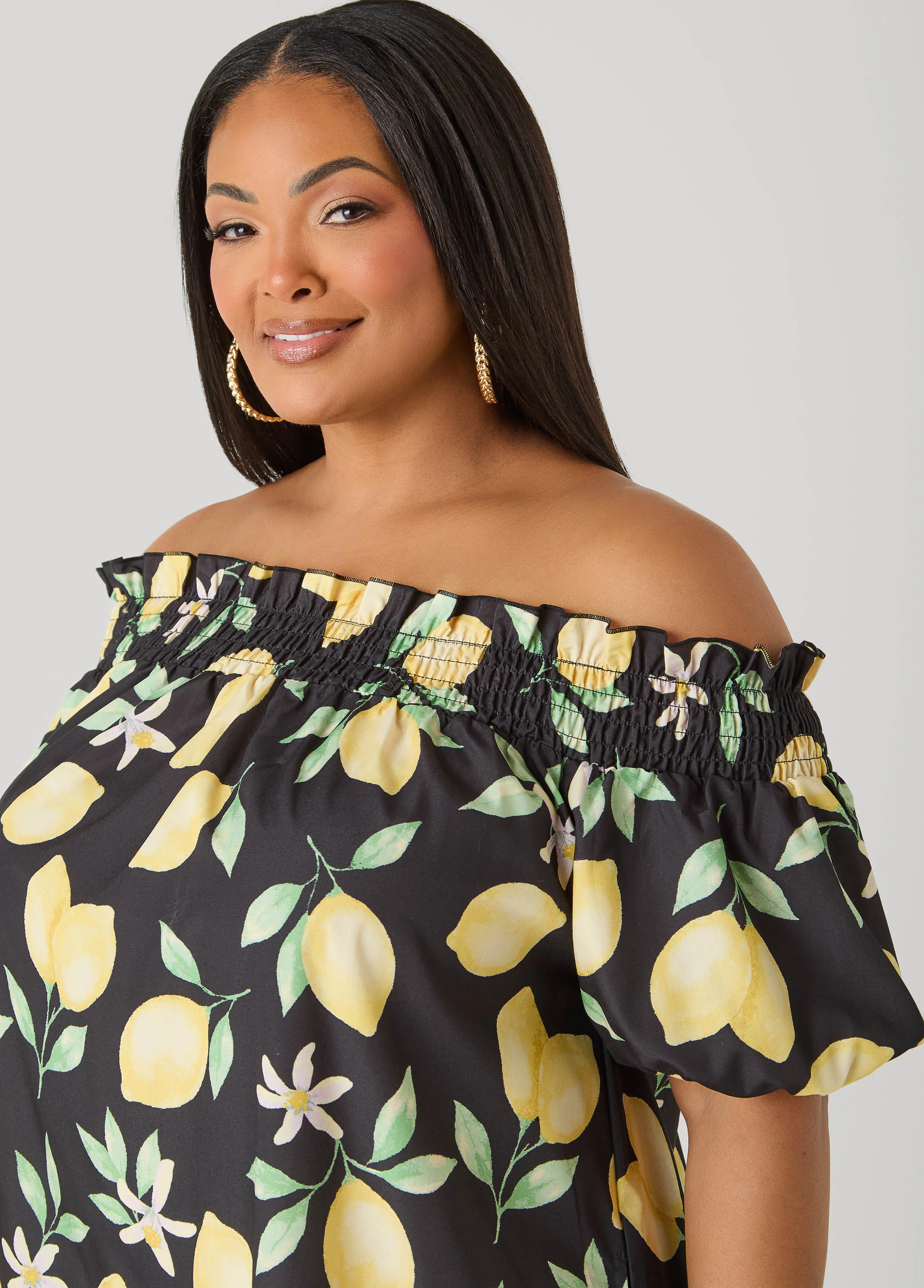 Off The Shoulder Lemon Print Dress - Image 4