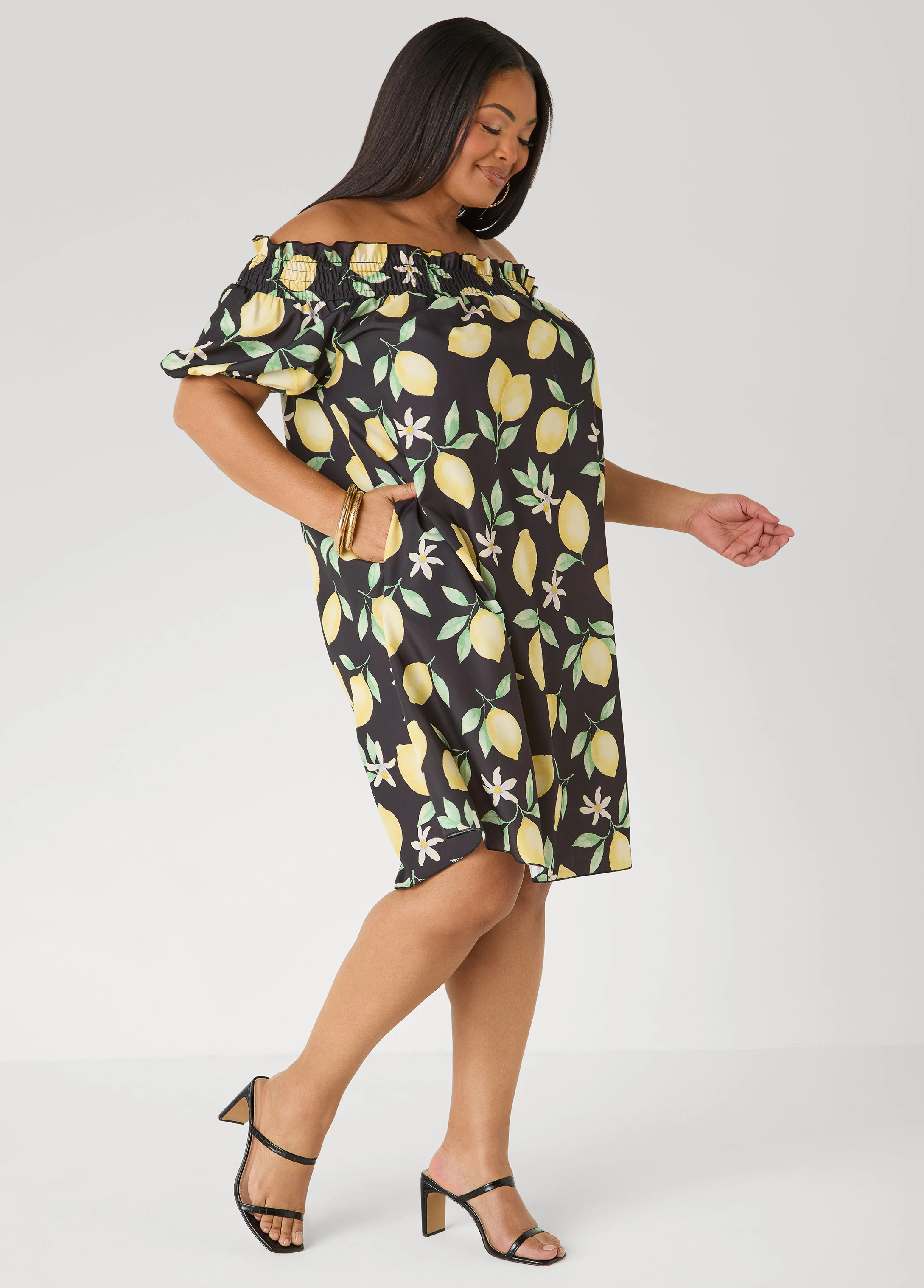 Off The Shoulder Lemon Print Dress - Image 5