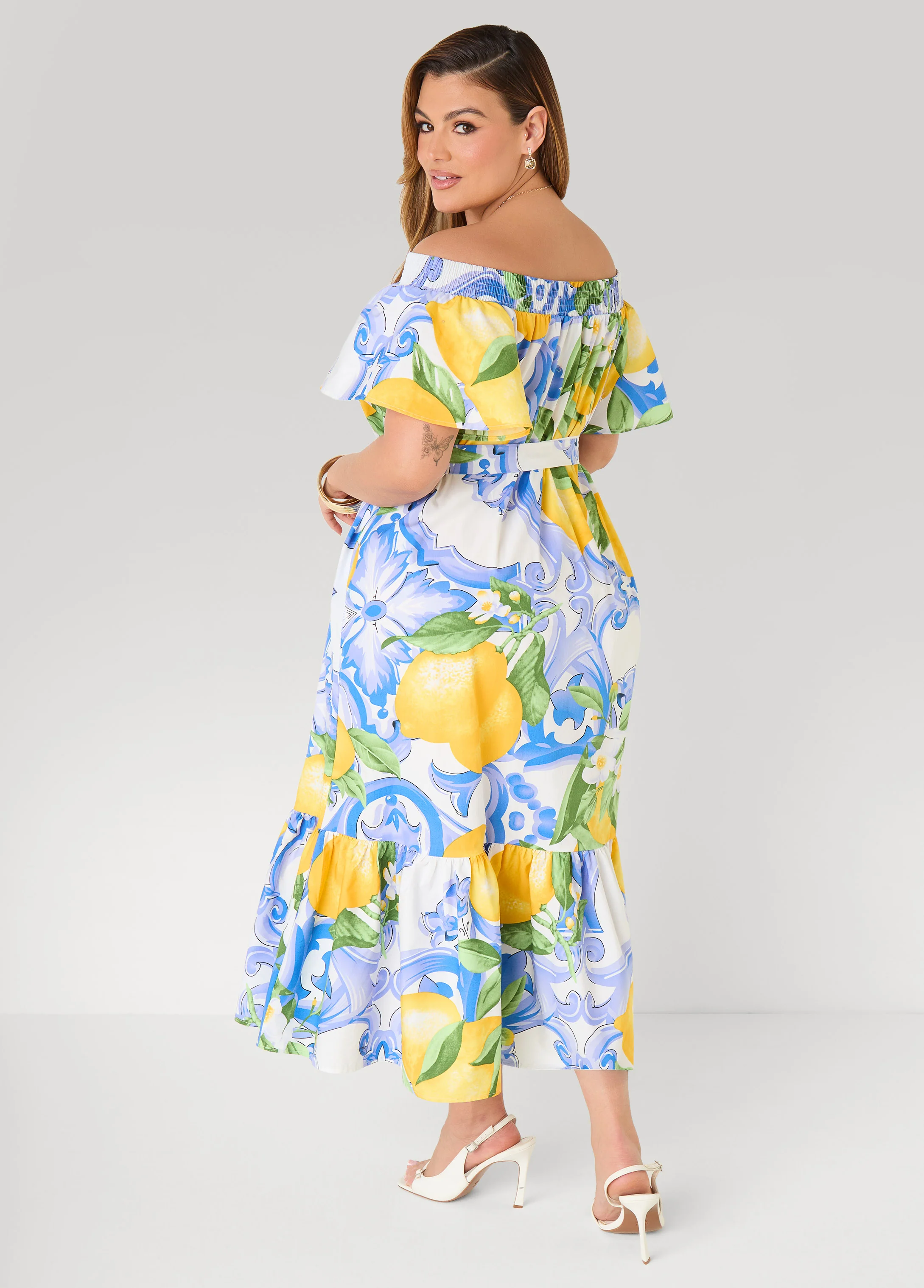 Off The Shoulder Lemon Print Dress - Image 2