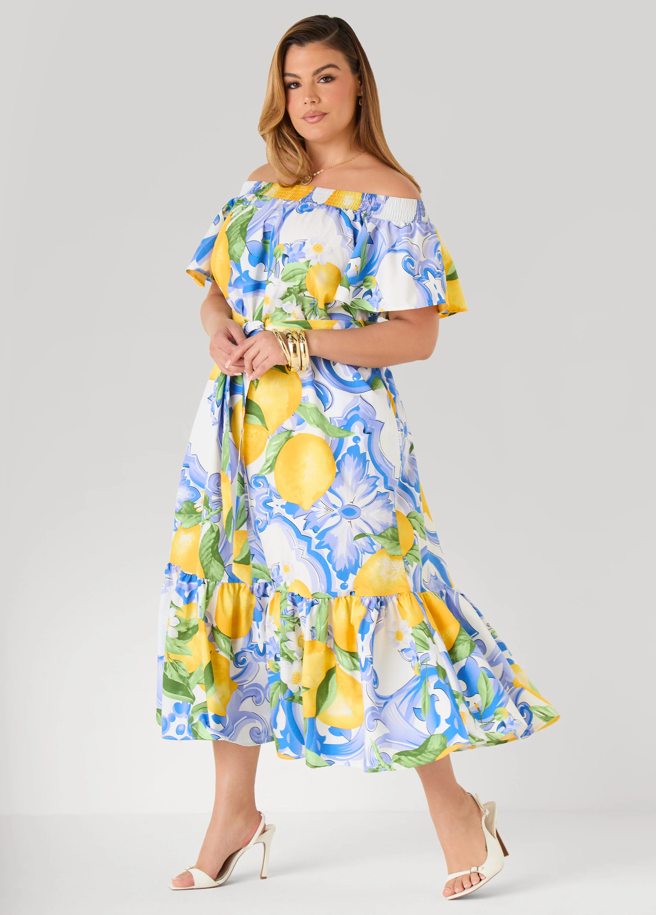 Off The Shoulder Lemon Print Dress - Image 3