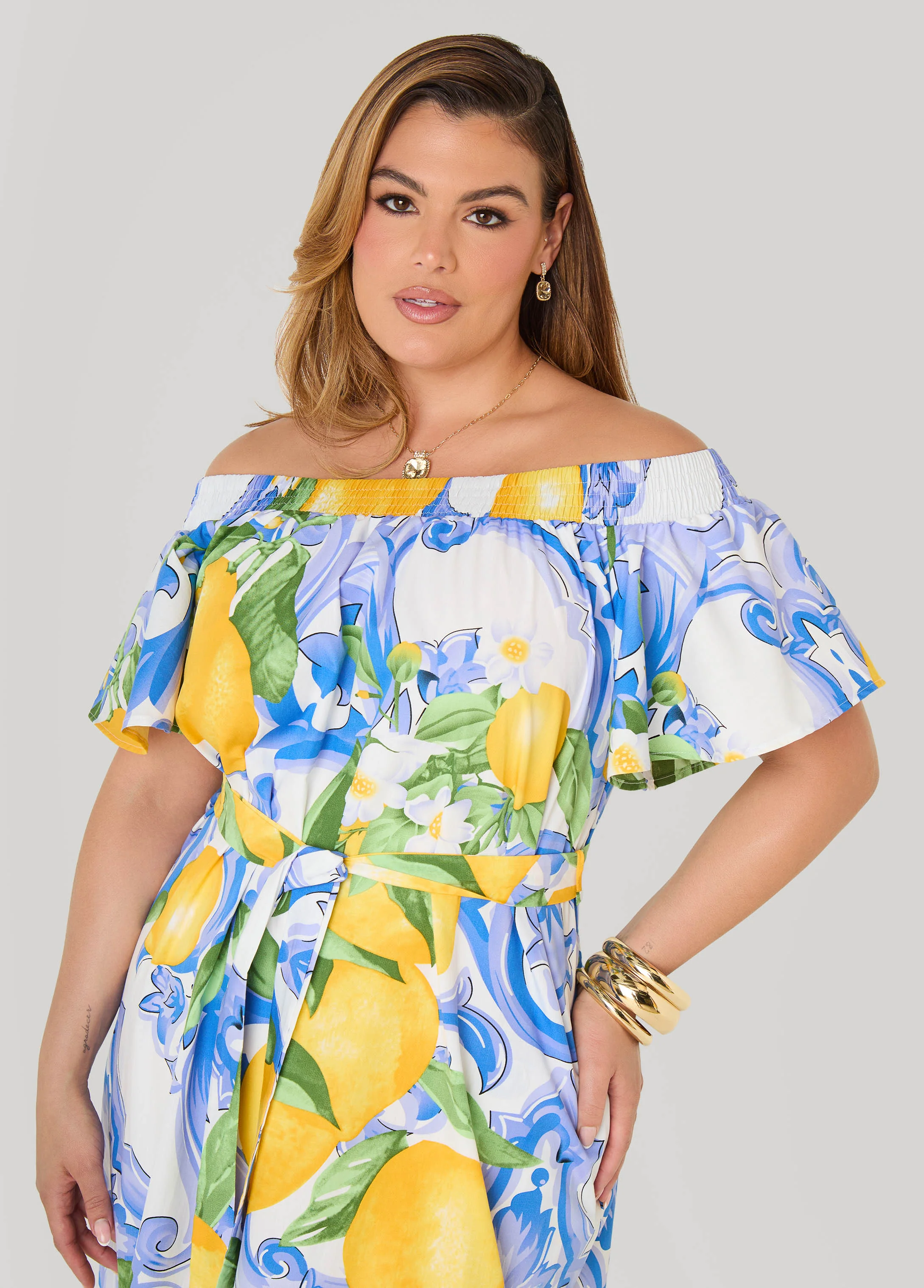 Off The Shoulder Lemon Print Dress - Image 4